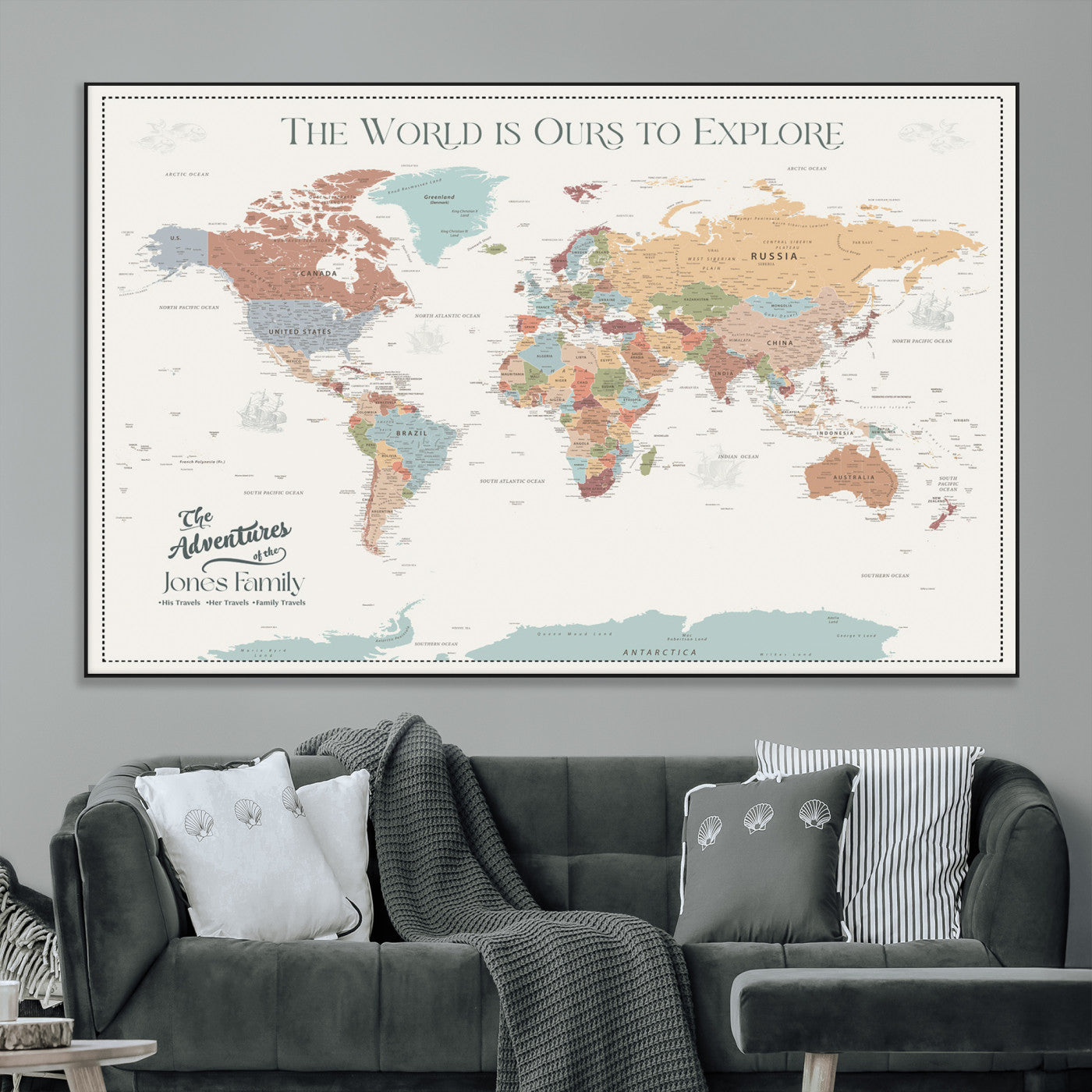 69180591-MGV-CV-36X24-Personalized World Map Wall Art – Rustic Vintage Adventure Travel Map with Custom Family Names, Unique Wall Decor for Couples,