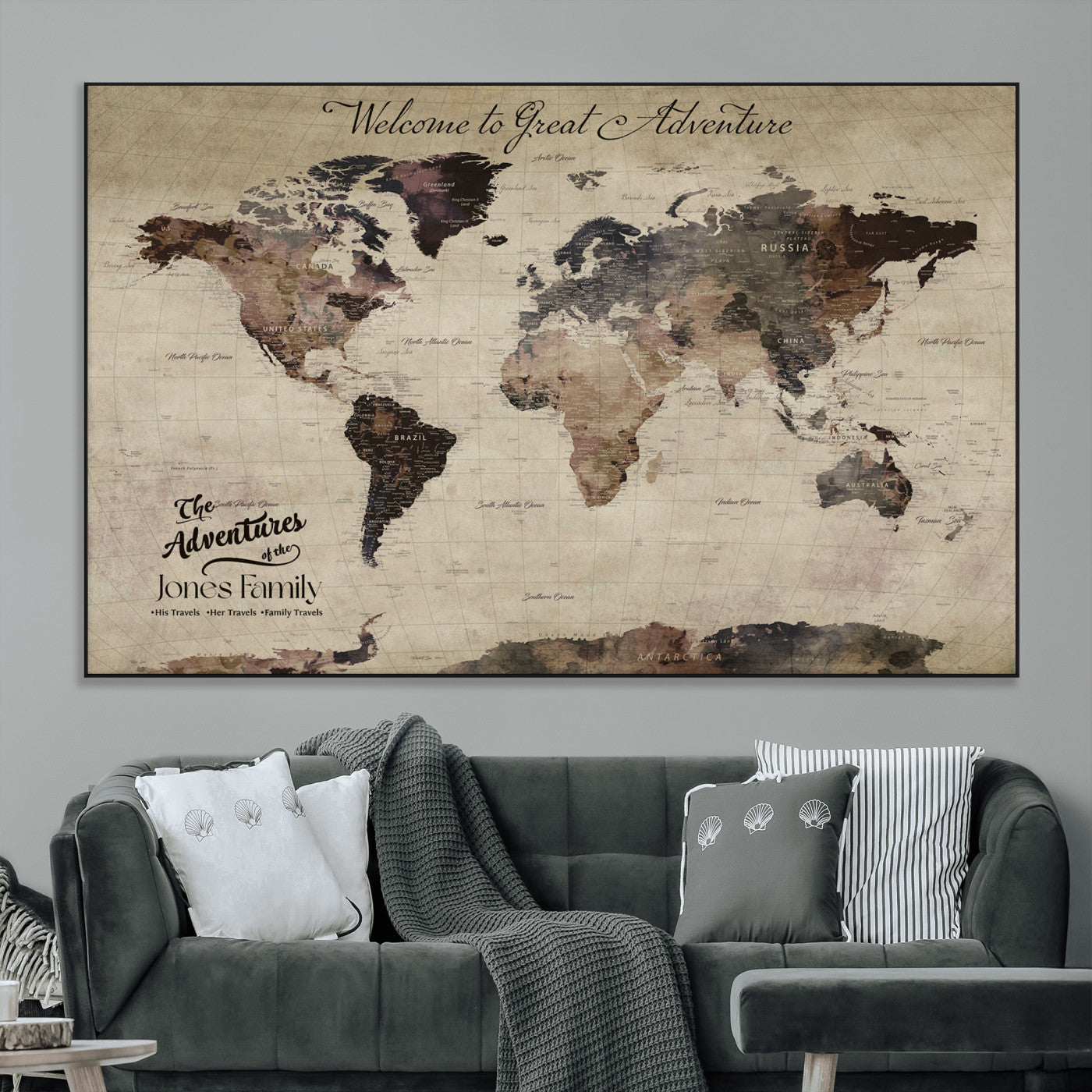 78610079-MGV-CV-36X24-Personalized World Map Wall Art – Vintage Rustic Travel Map with Custom Family Name, Adventure Wall Decor for Home, Family Gift or