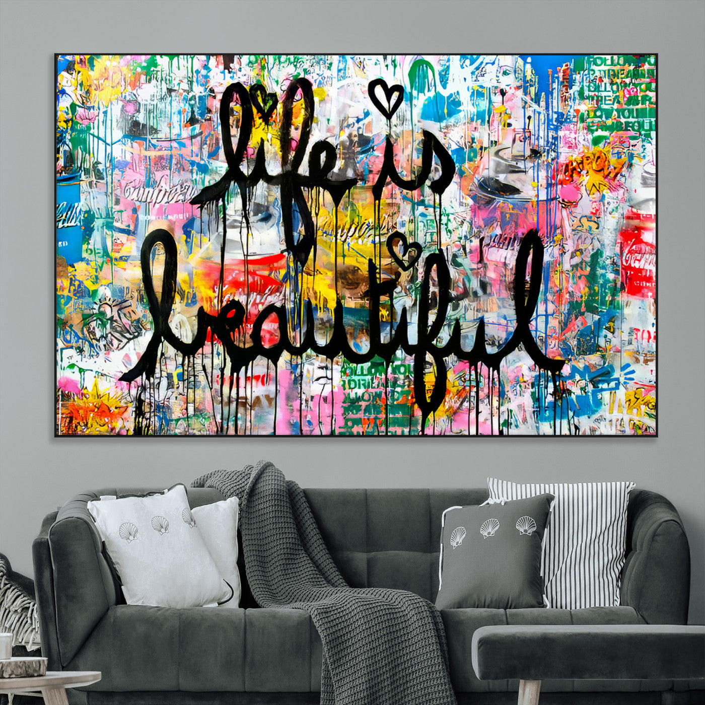 36856-MGV-CV-36X24-Life Is Beautiful Wall Art – Colorful Graffiti Canvas Print, Modern Street Style Artwork, Inspirational Decor for Living Room,