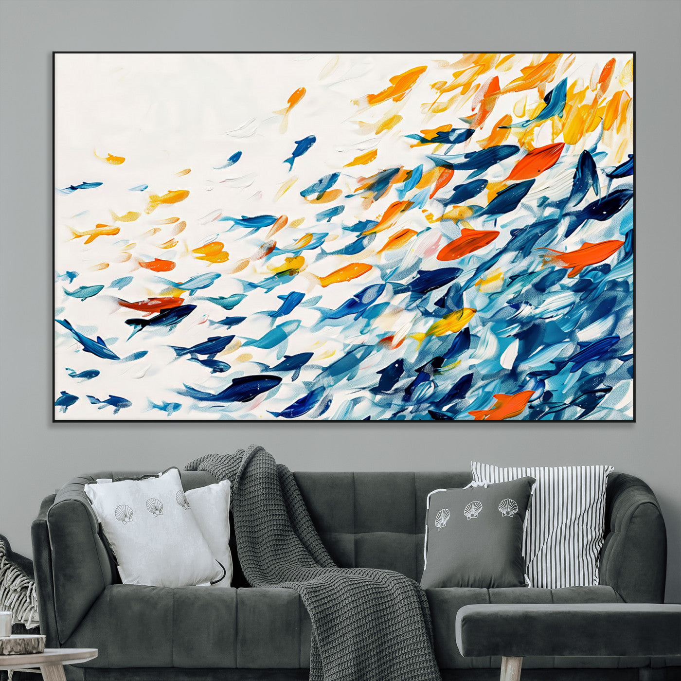 84837-MGV-CV-36X24-Colorful Fish Wall Art Canvas Print, Framed Fish Swarm Art Picture Print, Brushstroke Fish Perfect Modern Coastal Decor Artwork