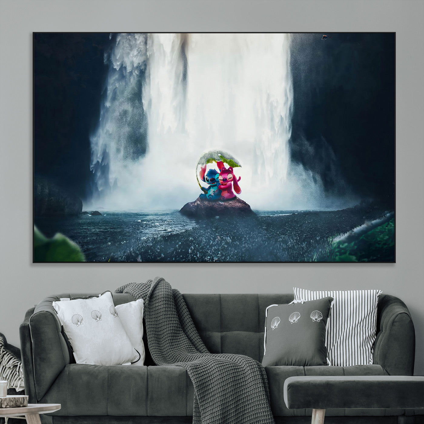 32259-MGV-CV-36X24-Stitch Angel Wall Art Canvas Print, Framed Stitch Waterfall Art Picture Print, Cartoon Couple Perfect Moody Fantasy Decor Artwork