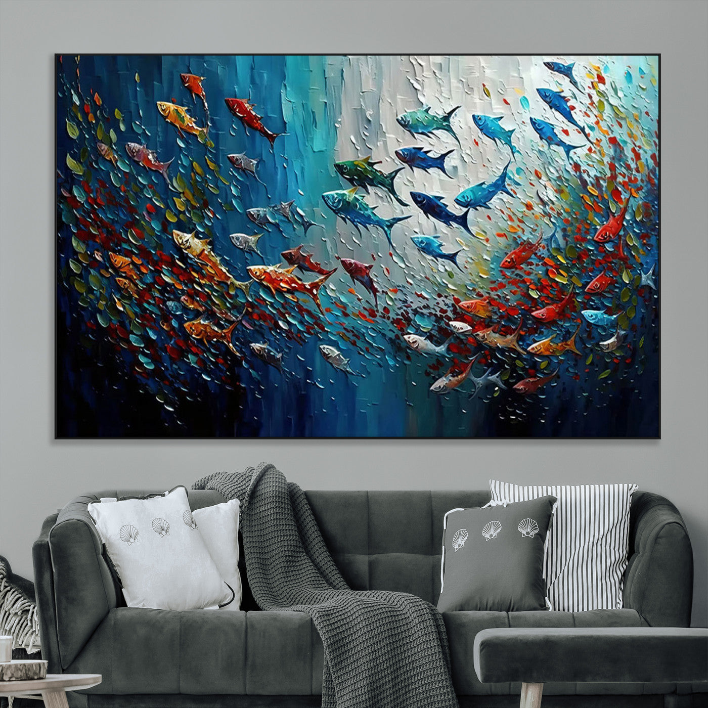 89626-MGV-CV-36X24-Fish Swarm Wall Art Canvas Print, Framed Abstract Ocean Art Picture Print, Underwater Life Perfect Vibrant Coastal Decor Artwork
