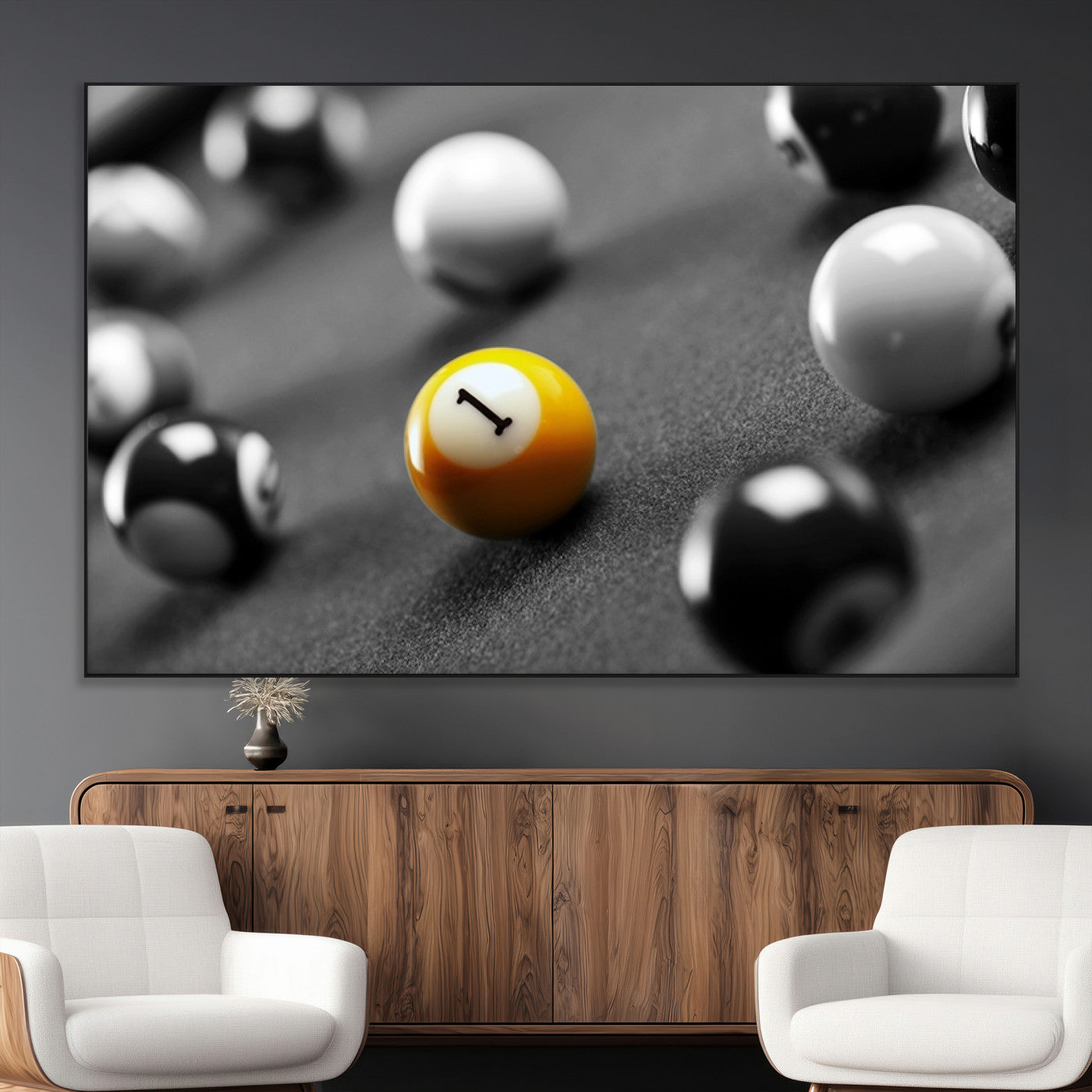 52108-MGV-CV-36X24-Precision Pool Table Wall Art – Close Up Yellow 1 Ball Canvas Print, Hand-Played Billiards Game Decor for Office, Game Room, or