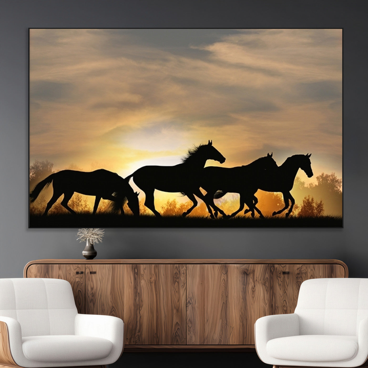 16620-MGV-CV-36X24-Sunset Stallions Wall Art – Silhouetted Horses Running Canvas Print, Nature’s Rhythm, Perfect for Living Room, Office, or Man Cave