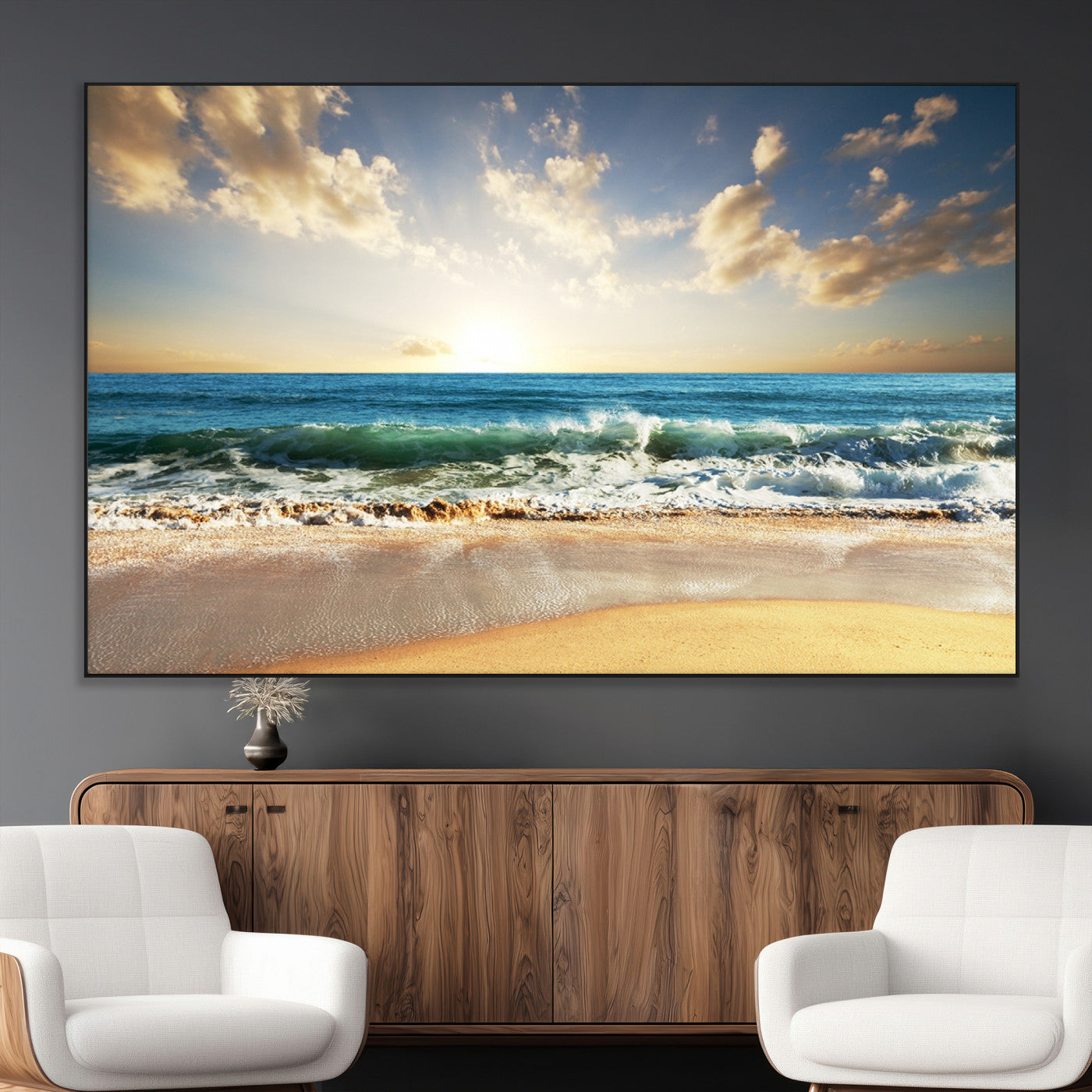 13139-MGV-CV-36X24-Sunrise Beach Wall Art – Ocean Waves and Golden Sand Canvas Print, Coastal Home Decor for Living Room, Bedroom, or Office