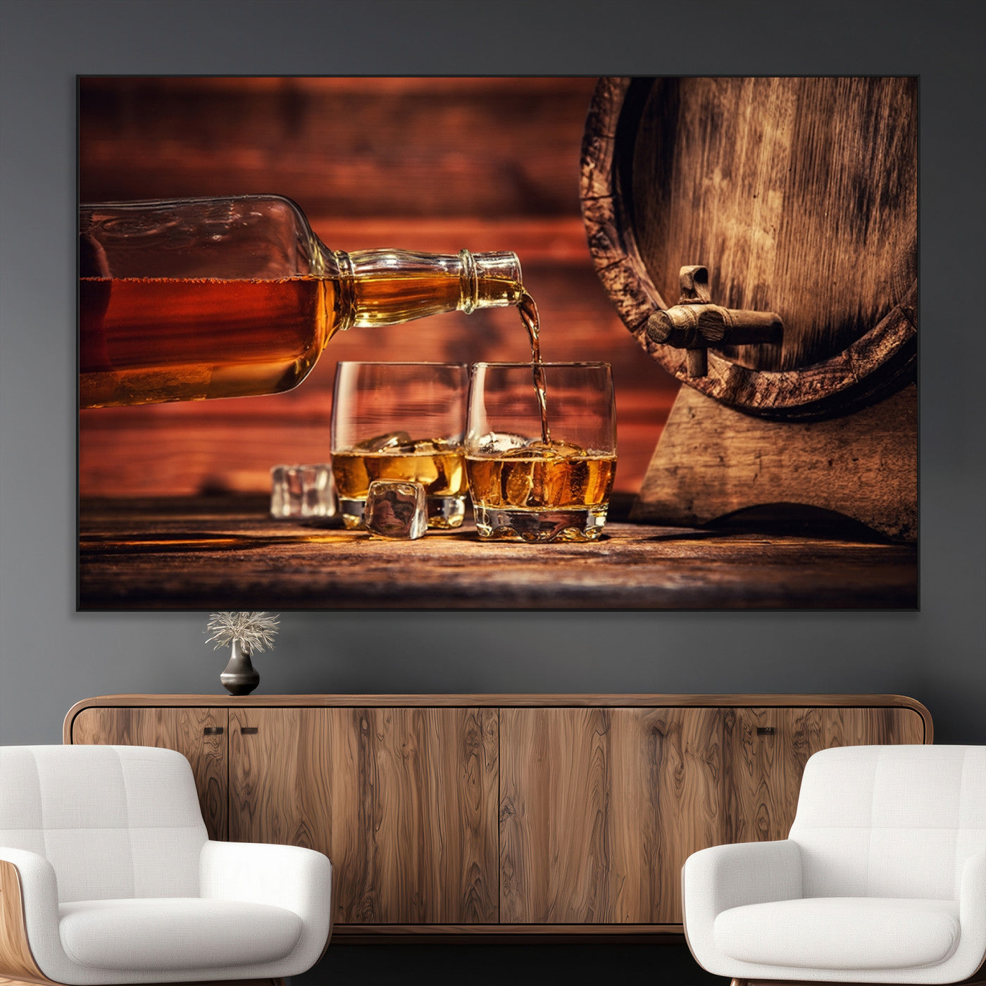 52458-MGV-CV-36X24-Whiskey Pour Wall Art – Elegant Whiskey Bottle Pouring into Glasses Canvas Print, Refined Bar or Lounge Decor for Home, Office, or