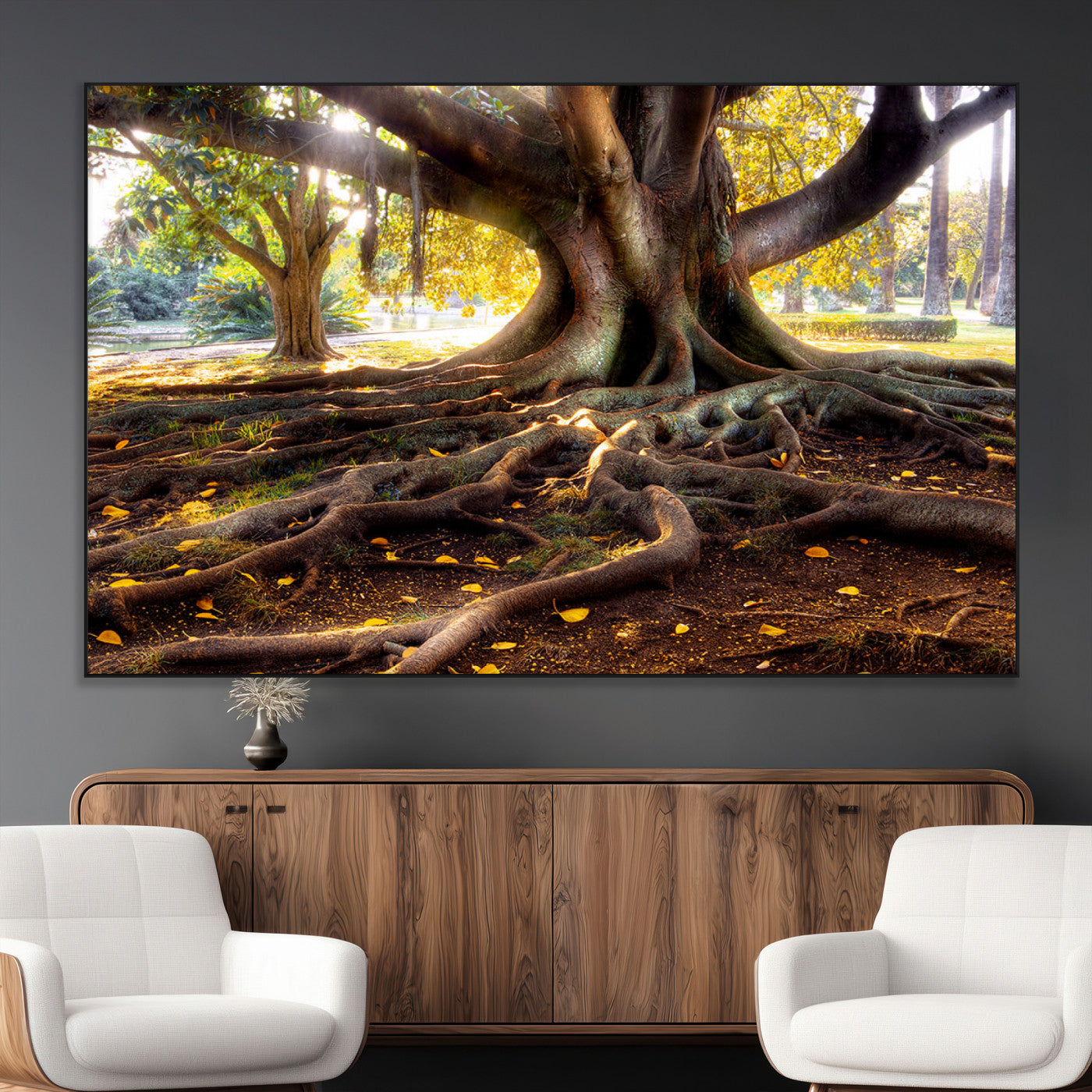 53335-MGV-CV-36X24-Majestic Tree with Sprawling Roots Wall Art – Serene Sunlit Park Scene, Nature Canvas Print, Perfect for Living Room, Office or