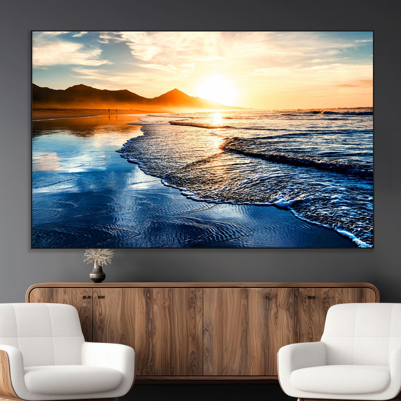 86173-MGV-CV-36X24-Golden Sunset Beach Wall Art – Reflective Ocean Canvas Print with Mountains and Waves, Coastal Nature Decor for Living Room,