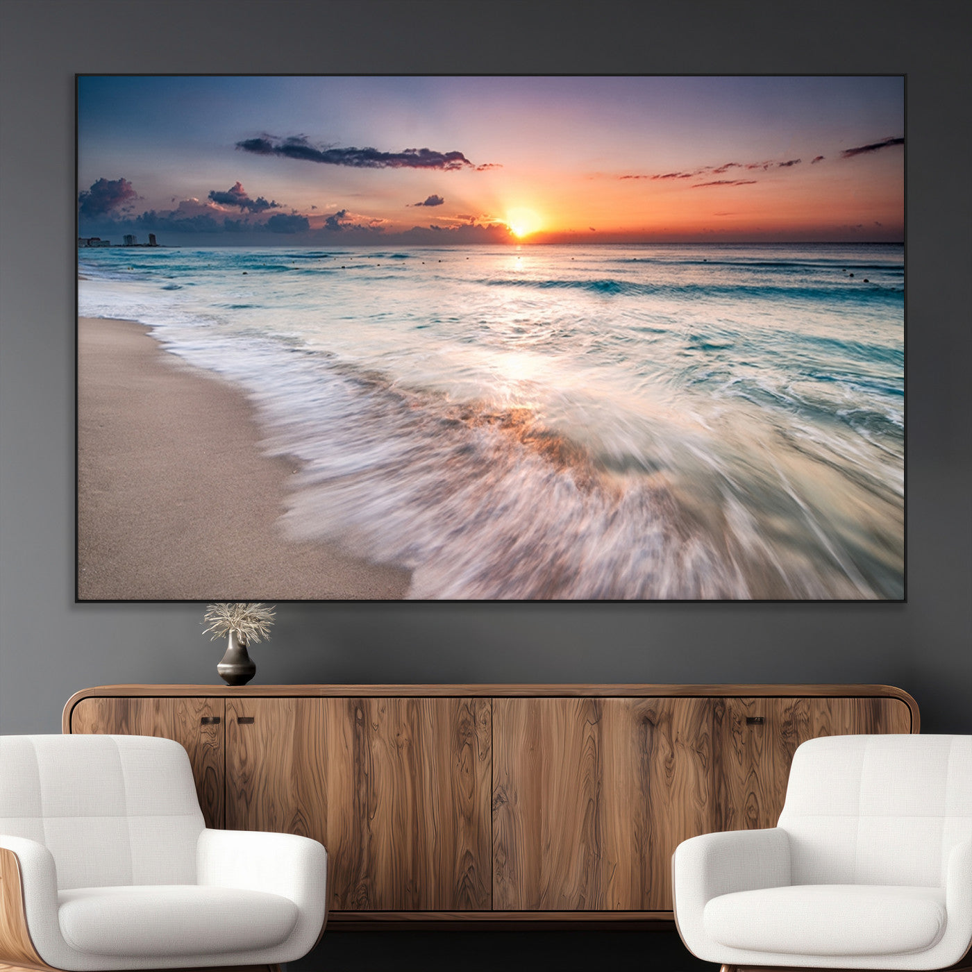 71849-MGV-CV-36X24-Sunrise Ocean Beach Wall Art – Serene Seascape Canvas Print with Gentle Waves, Coastal Nature Decor for Bedroom, Living Room or