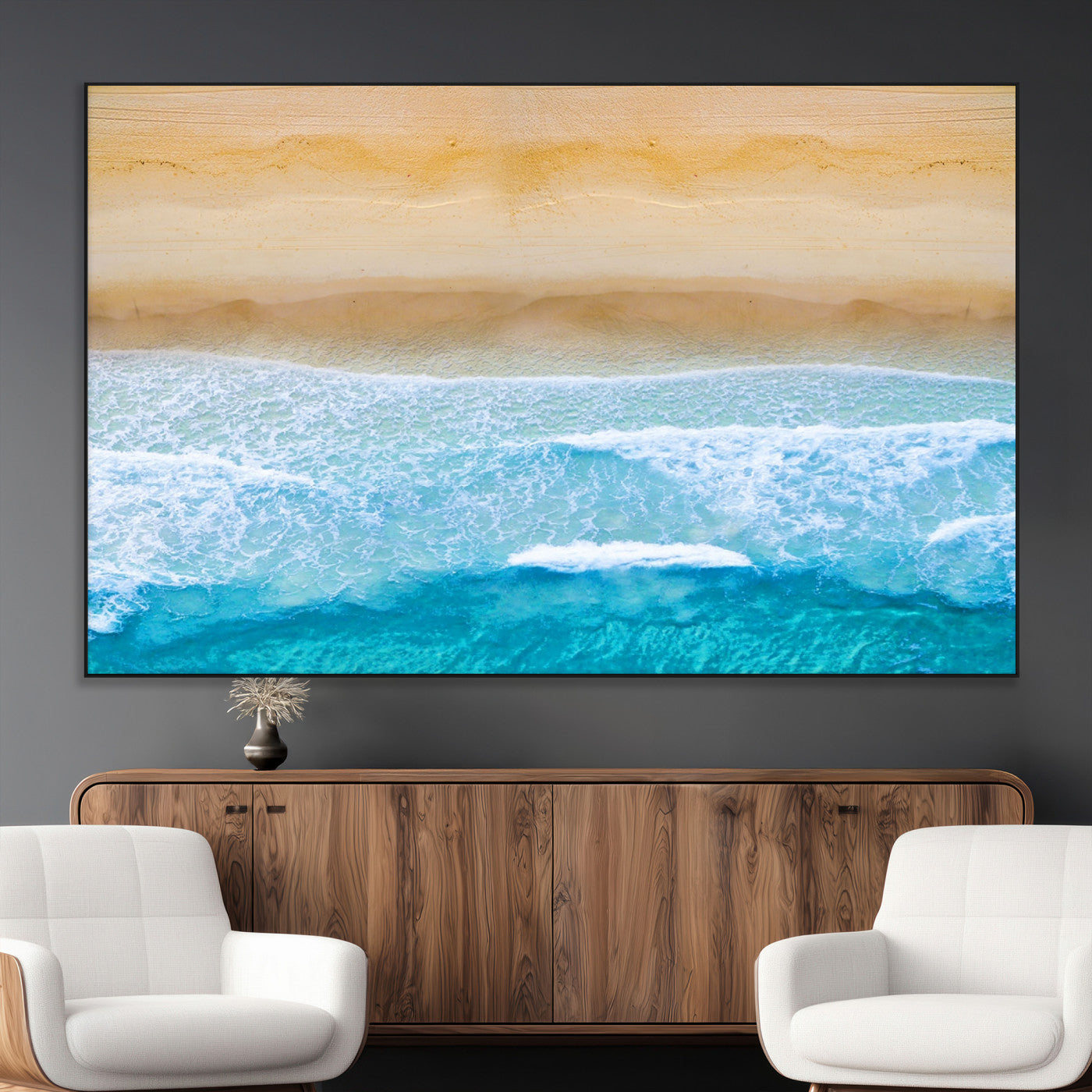 43046-MGV-CV-36X24-Aerial Beach Wall Art – Serene Ocean Waves & Sandy Shore Canvas Print, Coastal Home Decor for Living Room, Bedroom or Office
