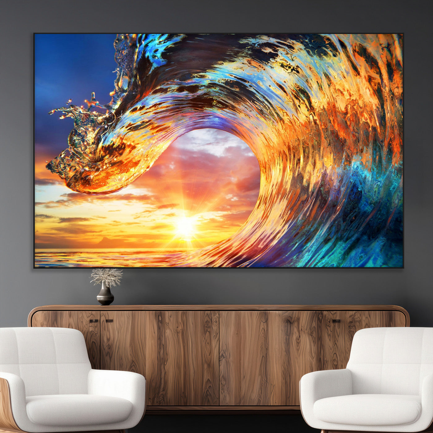 52890-MGV-CV-36X24-Surfing Wave Wall Art Canvas Print, Framed Sunset Ocean Art Picture Print, Ocean Wave Perfect Nautical Decor Artwork