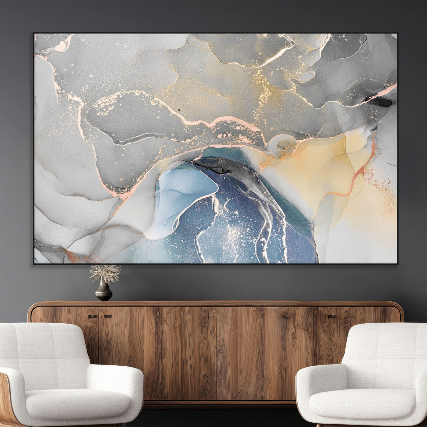 63211-MGV-CV-36X24-Abstract Fluid Art Wall Decor – Blue, Gray & Gold Canvas Print, Modern Home and Office Wall Art Decor for Living Room, Bedroom or