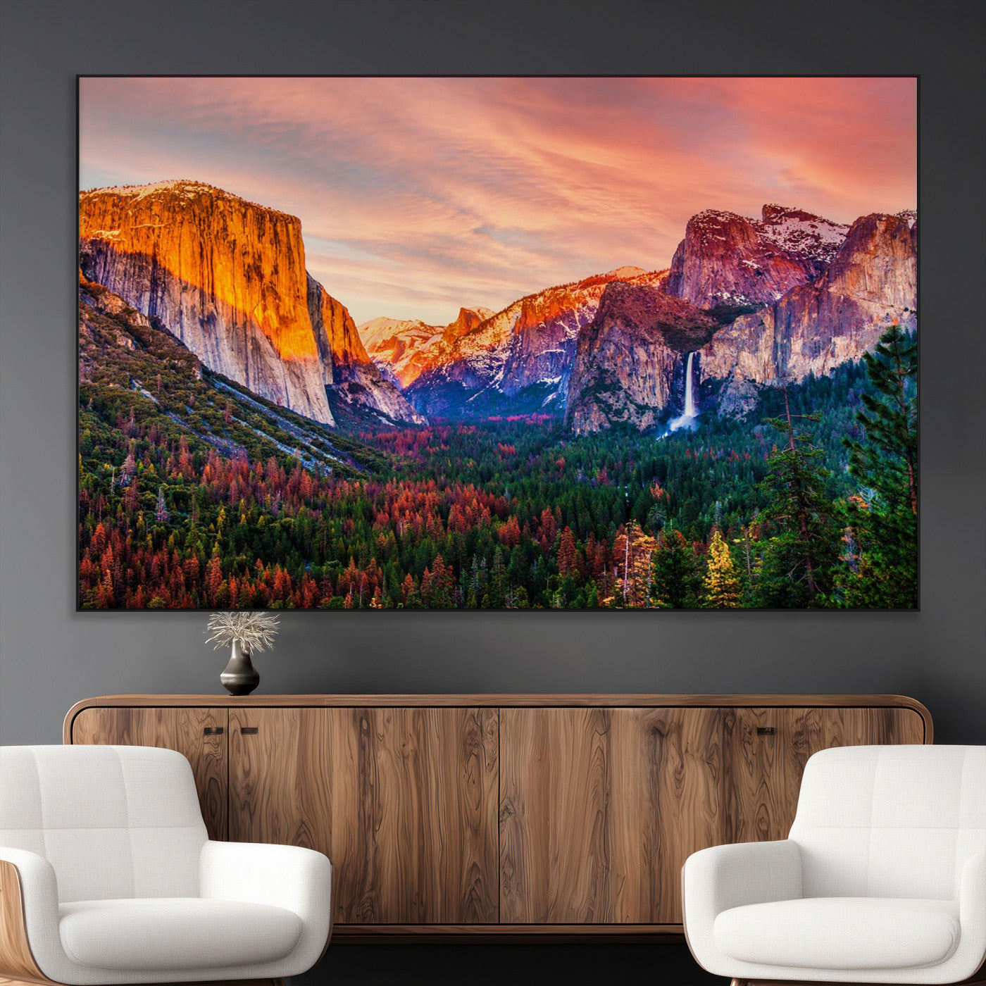 24519-MGV-CV-36X24-Yosemite Valley Sunset Wall Art – Majestic Mountain Landscape with Waterfall and Vibrant Sky, Nature Photography for Home or
