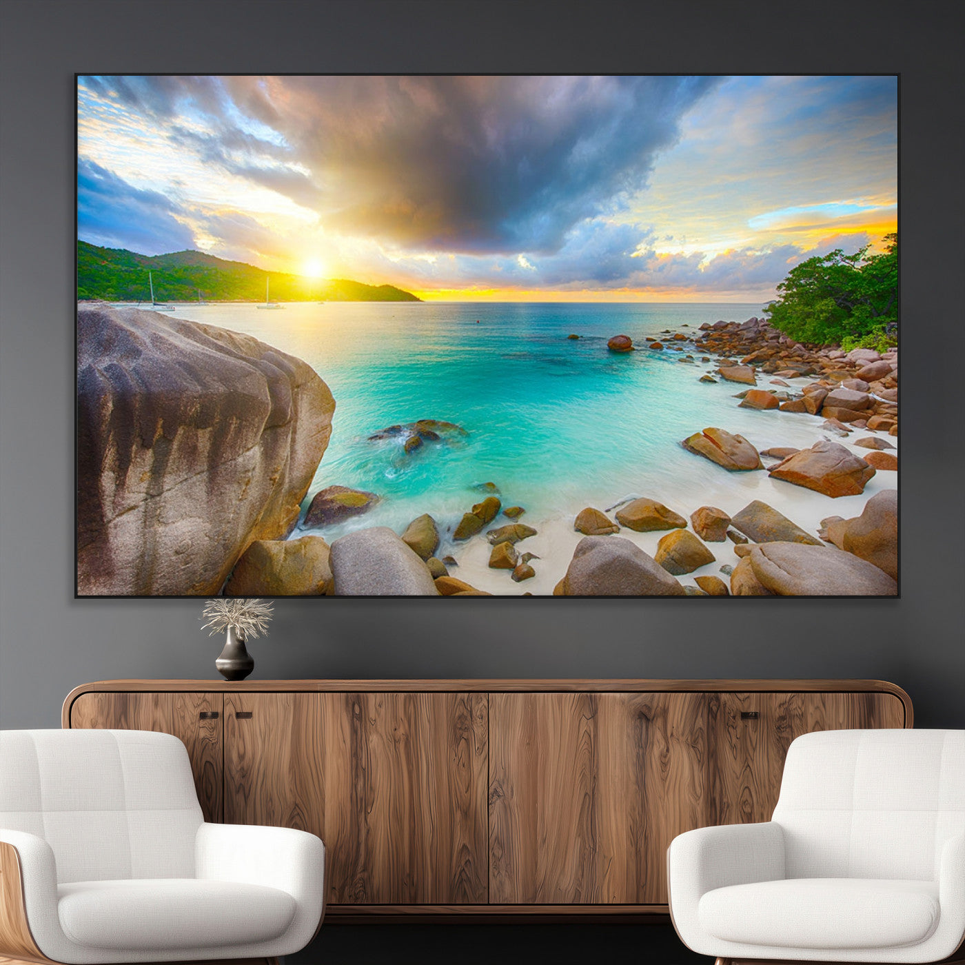 23769-MGV-CV-36X24-Tropical Beach Sunset Wall Art – Serene Ocean Canvas Print, Coastal Landscape Decor for Living Room, Bedroom or Office, Peaceful