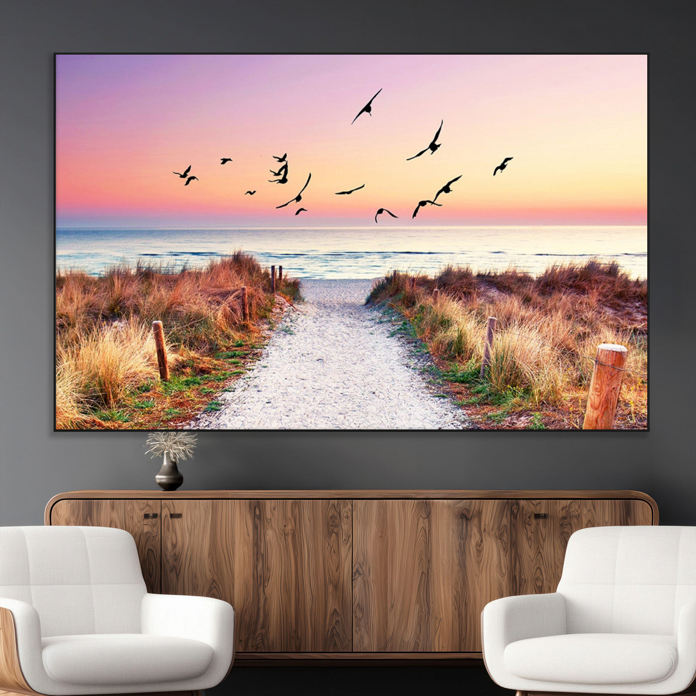 54411-MGV-CV-36X24-Beach Path with Birds Wall Art – Coastal Sunset Ocean Canvas Print, Seaside Nature Landscape Photography for Living Room, Bedroom