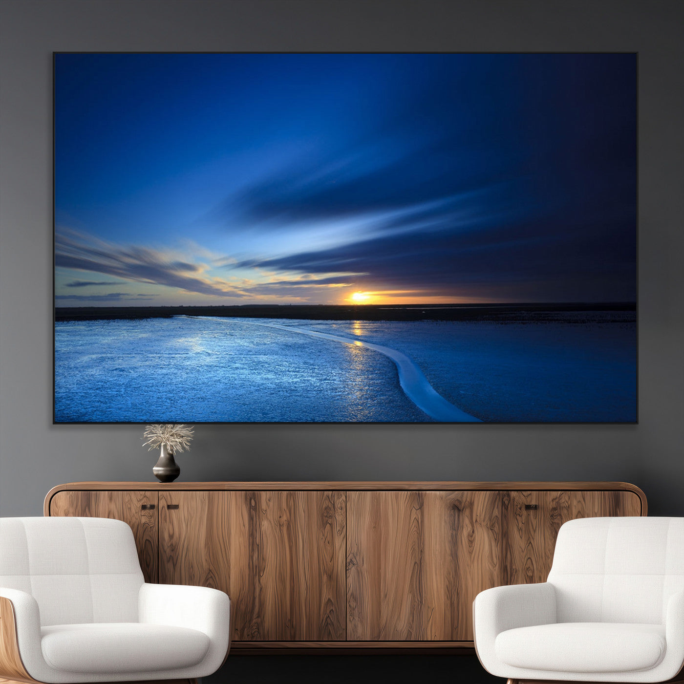 65405-MGV-CV-36X24-Blue Sunrise Seascape Wall Art – Tranquil Ocean Horizon Canvas Print with Golden Sunlight and Deep Sky, Coastal Landscape Decor