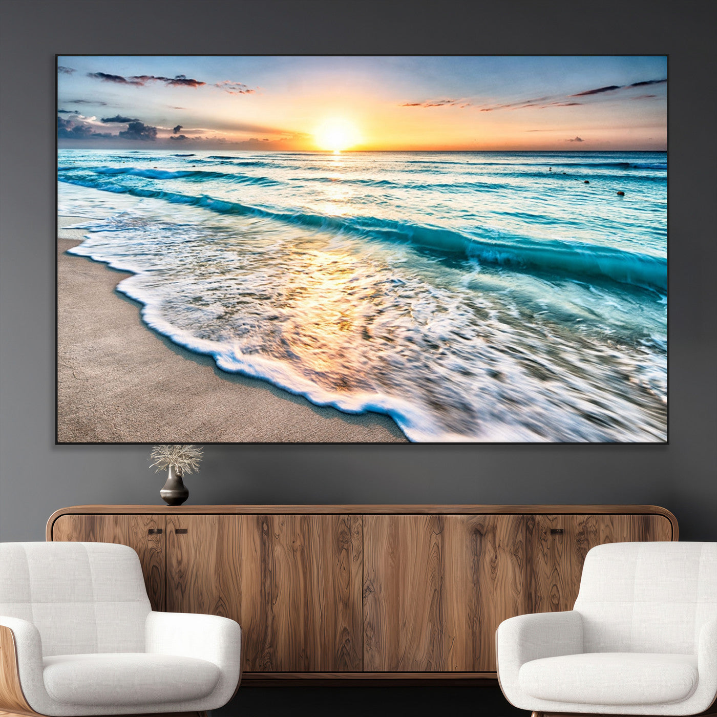 27815-MGV-CV-36X24-Ocean Sunrise Beach Wall Art – Serene Coastal Canvas Print with Waves and Golden Morning Light, Relaxing Seascape Decor for