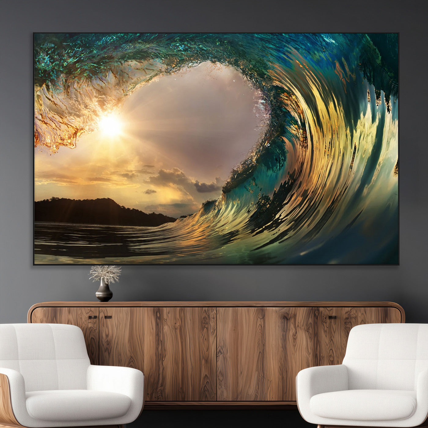 38256-MGV-CV-36X24-Ocean Wave Wall Art – Stunning Sunrise Through Curling Wave Canvas Print, Coastal Surf Photography Seascape Decor for Living Room,