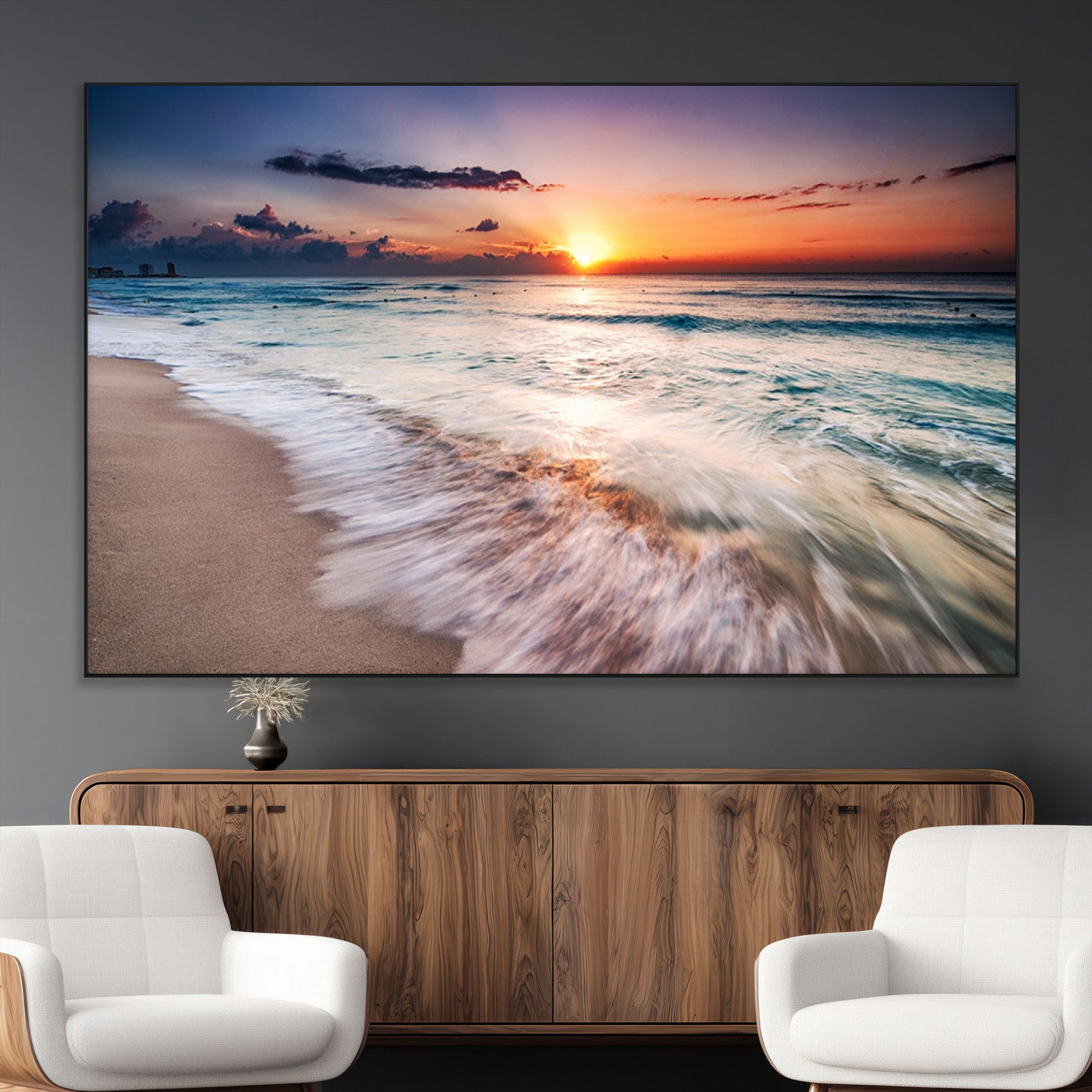 99906-MGV-CV-36X24-Morning Tide Canvas Print – Soft Sunrise Ocean Waves Wall Art, Coastal Serenity Decor for Home & Office