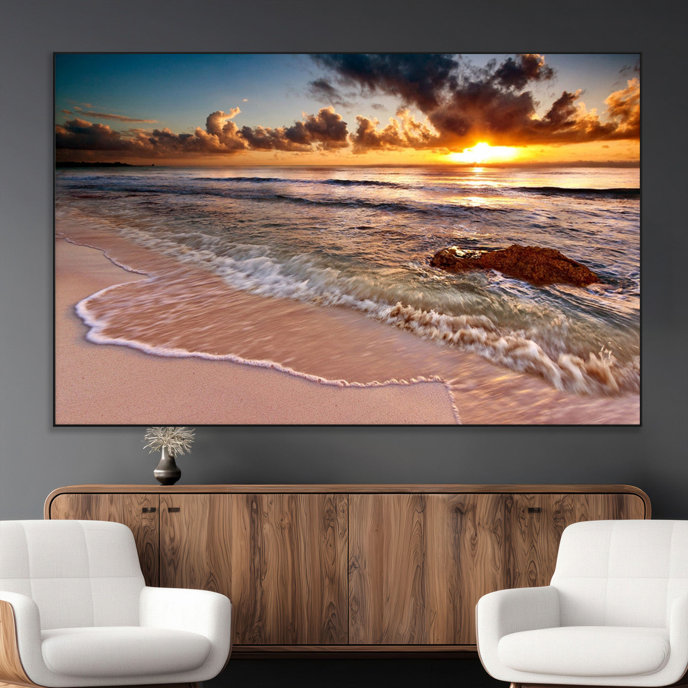 80979-MGV-CV-36X24-Golden Sunrise Beach Wall Art – Ocean Waves and Sandy Shore Canvas Print, Coastal Sunset Photography Artwork for Living Room,