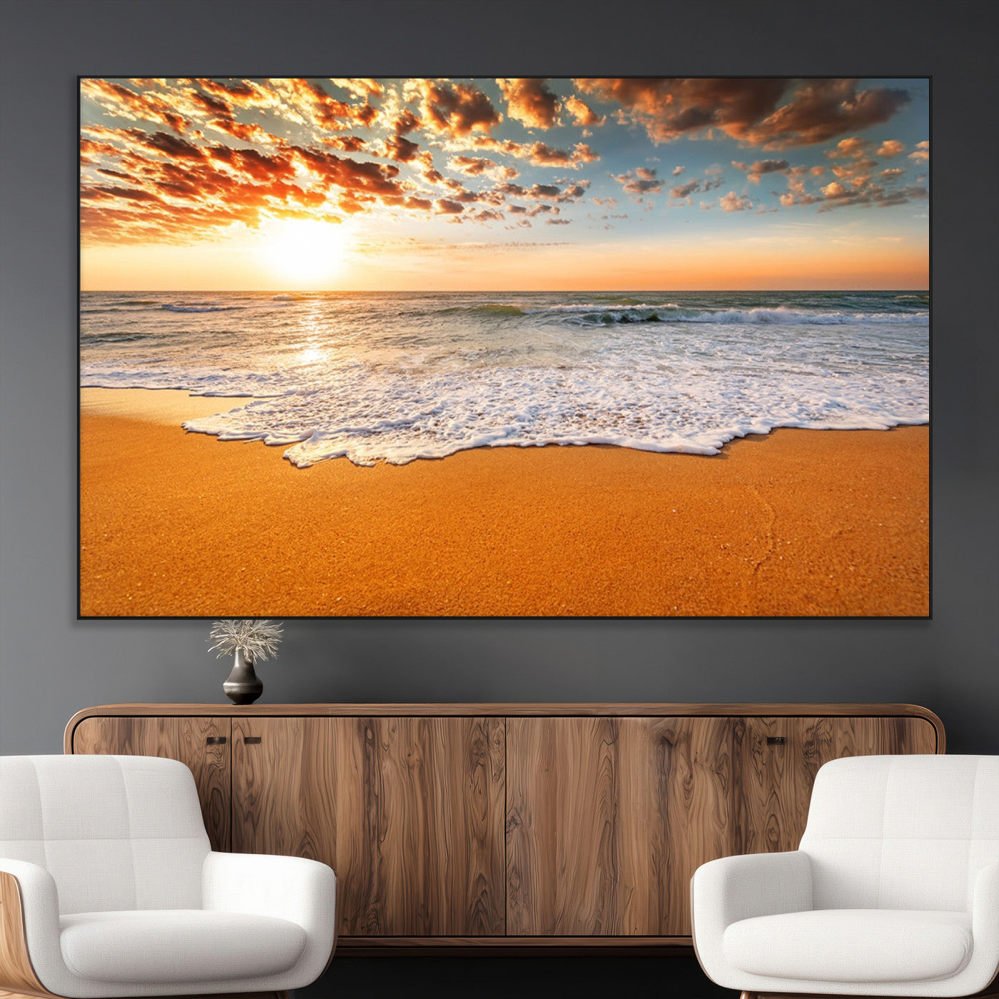 15399-MGV-CV-36X24-Golden Sunrise Beach Wall Art – Ocean Waves on Sandy Shore Canvas Print, Coastal Seascape Decor for Living Room or Bedroom