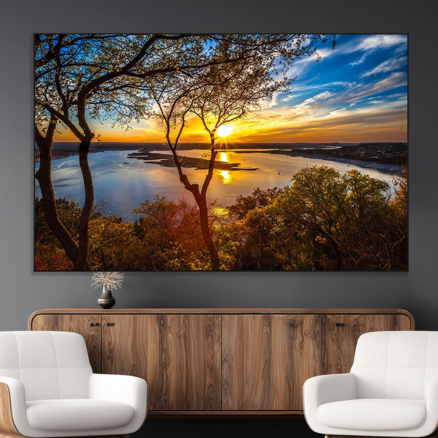 71863-MGV-CV-36X24-Lake Sunset Wall Art – Scenic Nature Canvas Print with Trees and Golden Sky, Serene Landscape Decor for Living Room, Bedroom or