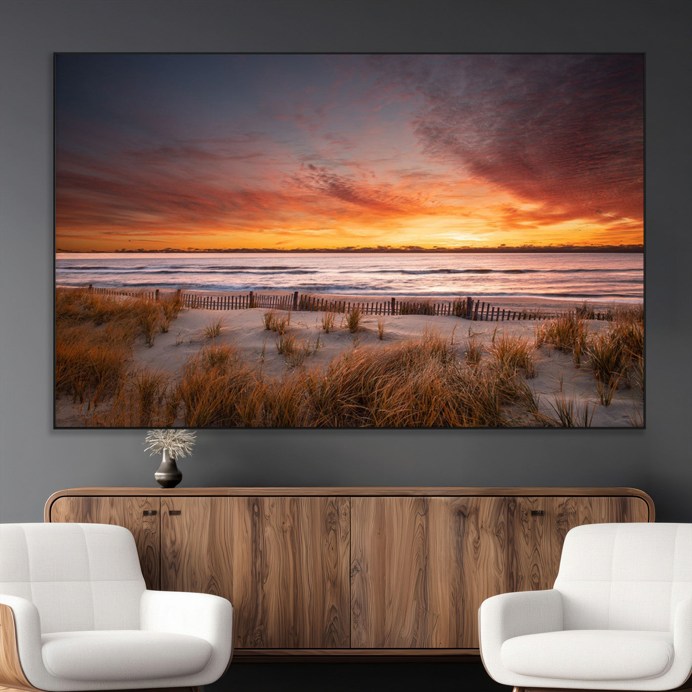 90176-MGV-CV-36X24-Beach Sunset Wall Art – Coastal Sand Dune Canvas Print with Ocean Waves and Dramatic Sky, Seaside Landscape Decor for Living Room