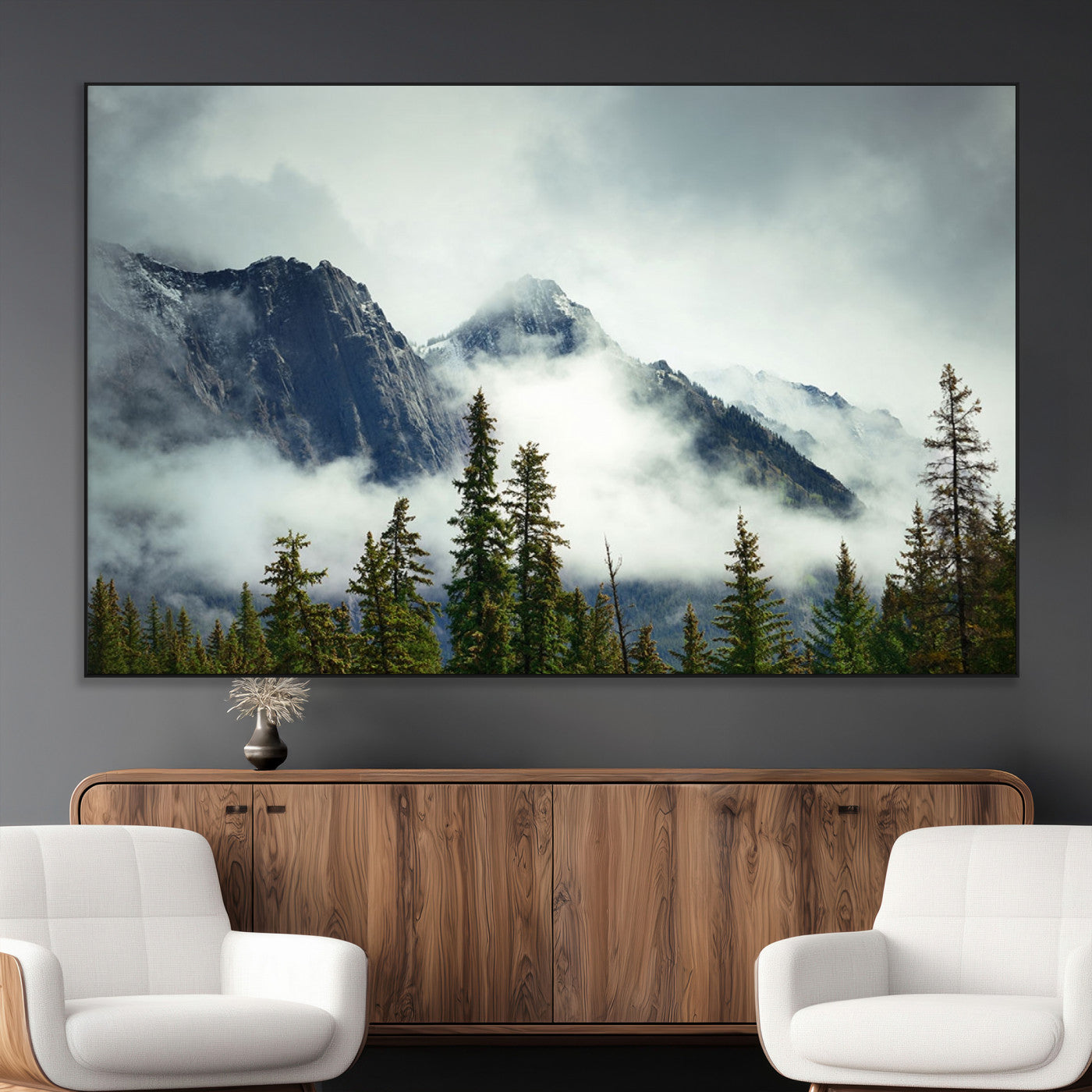93219-MGV-CV-36X24-Misty Mountain Wall Art – Foggy Pines and Rocky Peaks Canvas Print, Nature Landscape Decor for Living Room, Office or Bedroom