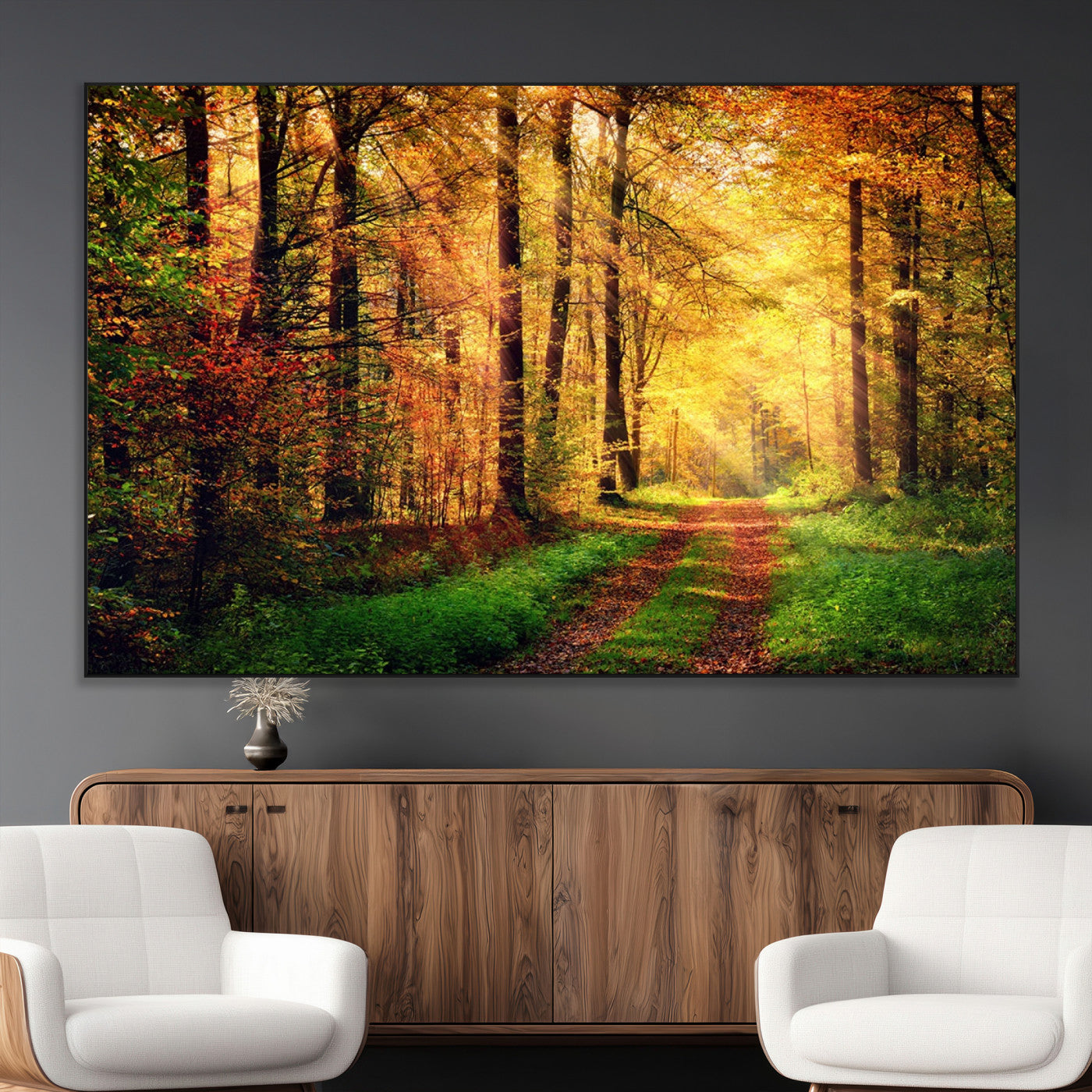 73494-MGV-CV-36X24-Golden Autumn Forest Path Wall Art – Sunlit Woodland Canvas Print, Fall Nature Landscape Home Decor