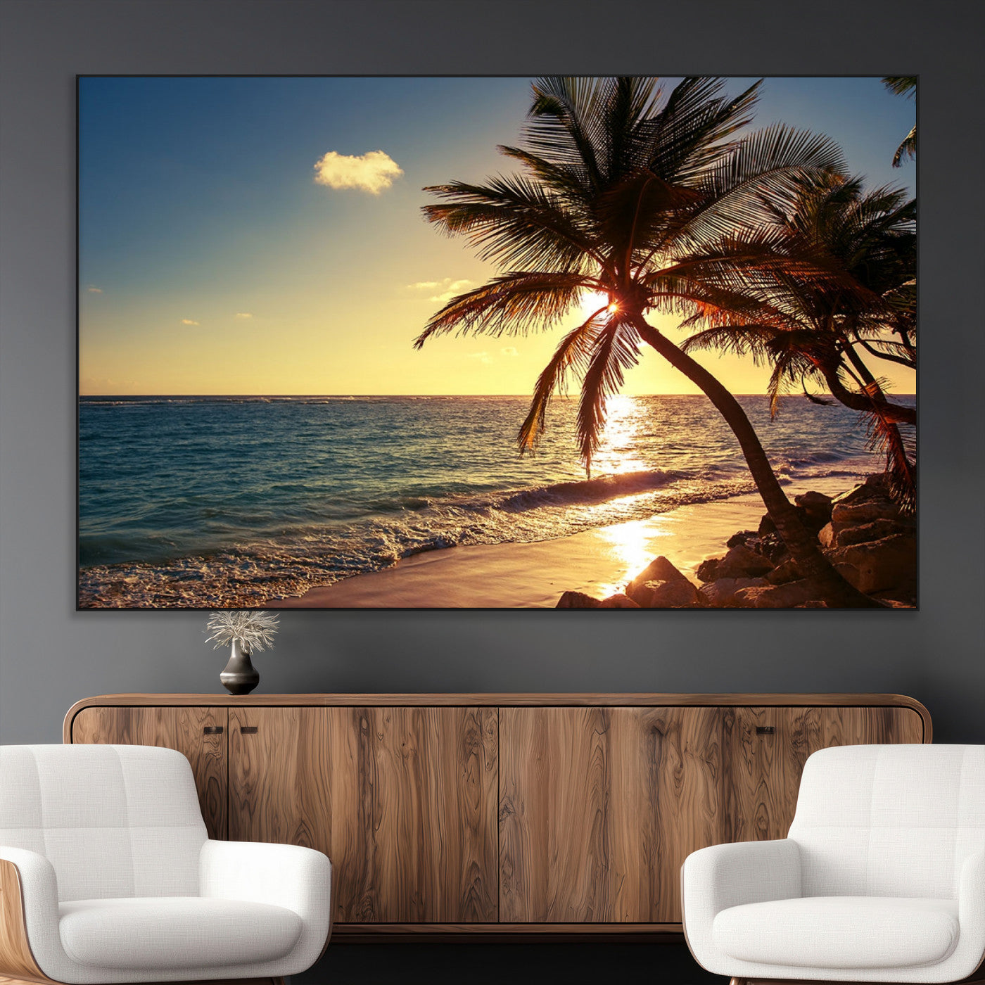 82710-MGV-CV-36X24-Palm Tree Sunset Beach Wall Art – Tropical Ocean Canvas Print, Coastal Paradise Seascape Decor for Living Room or Office Wall