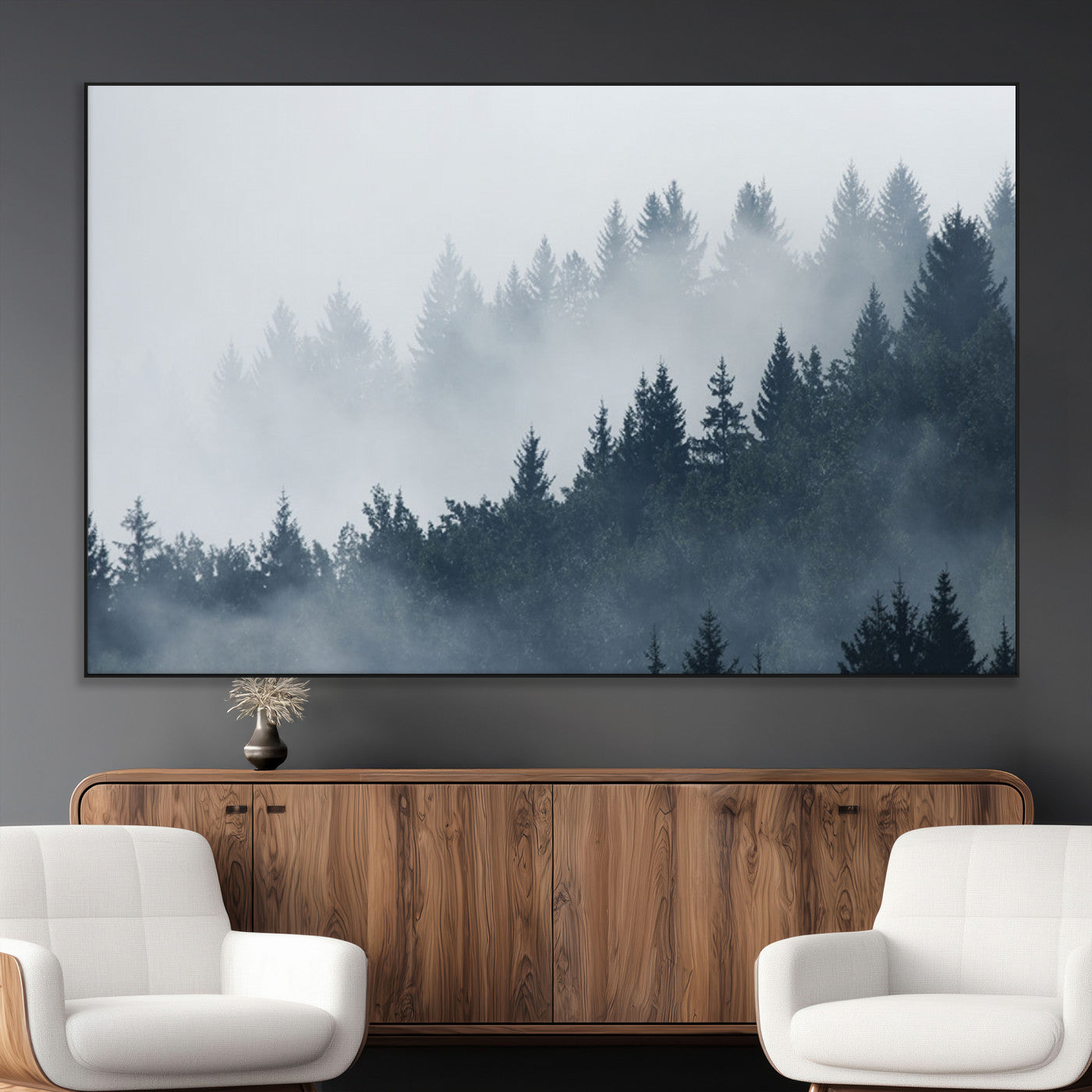 23671-MGV-CV-36X24-Misty Forest Wall Art – Serene Foggy Pine Trees Landscape Canvas Print, Tranquil Nature Decor for Living Room, Bedroom or Office