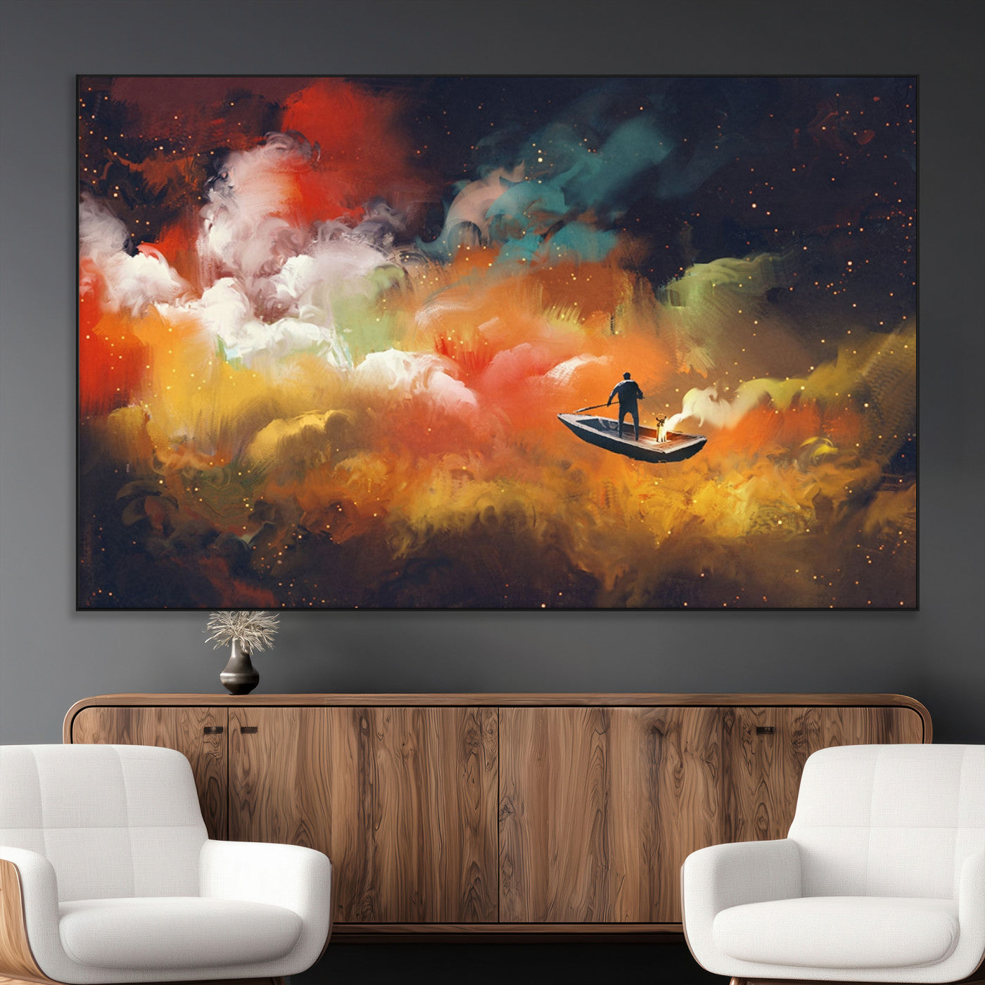 45085-MGV-CV-36X24-Surreal Cosmic Wall Art – Abstract Galaxy Dreamscape Canvas Print with Man and Dog in Boat, Fantasy Nebula Painting for Living