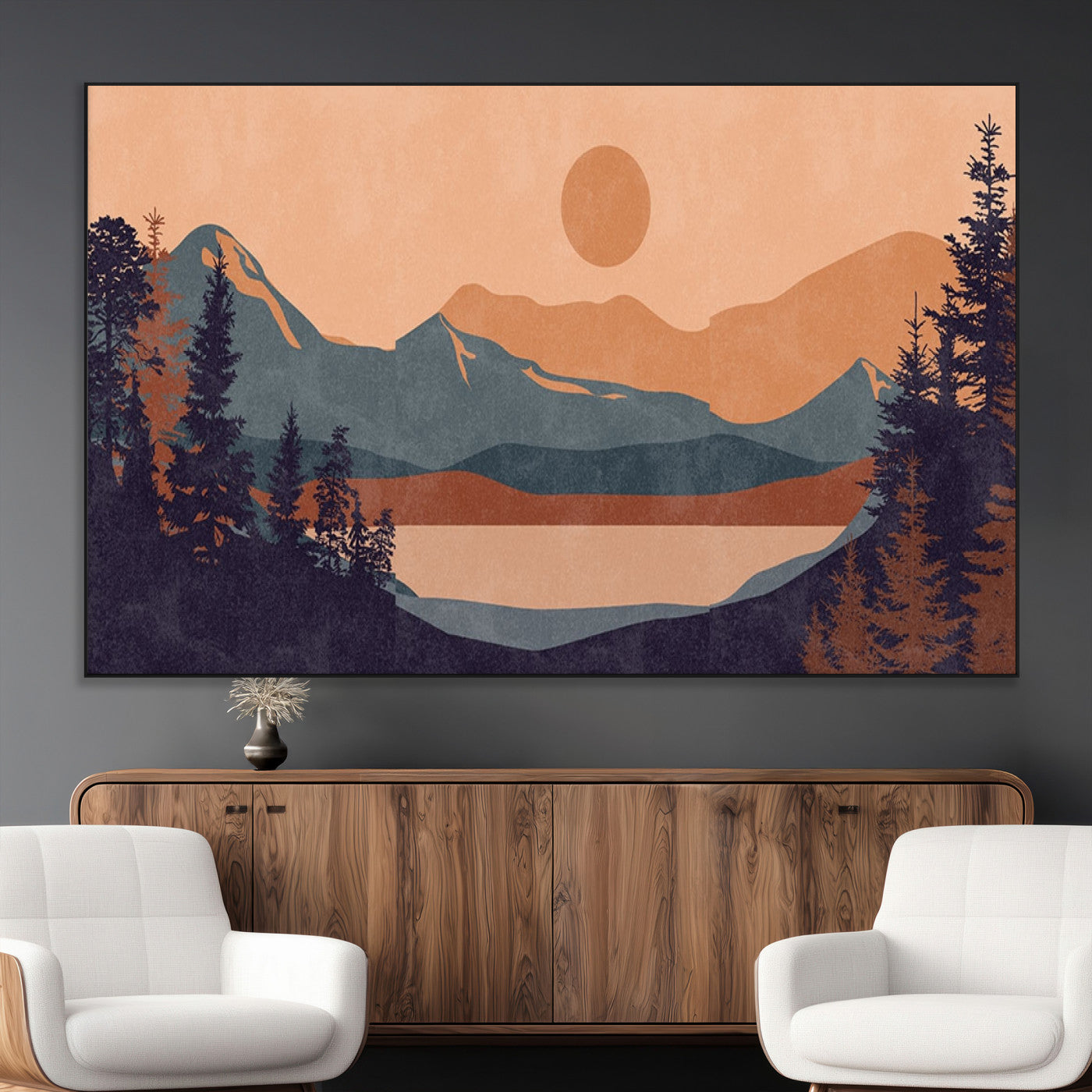 62795-MGV-CV-36X24-Minimalist Mountain Landscape Wall Art – Abstract Sunset Over Peaks and Pine Trees Canvas Print, Modern Nature Decor for Living