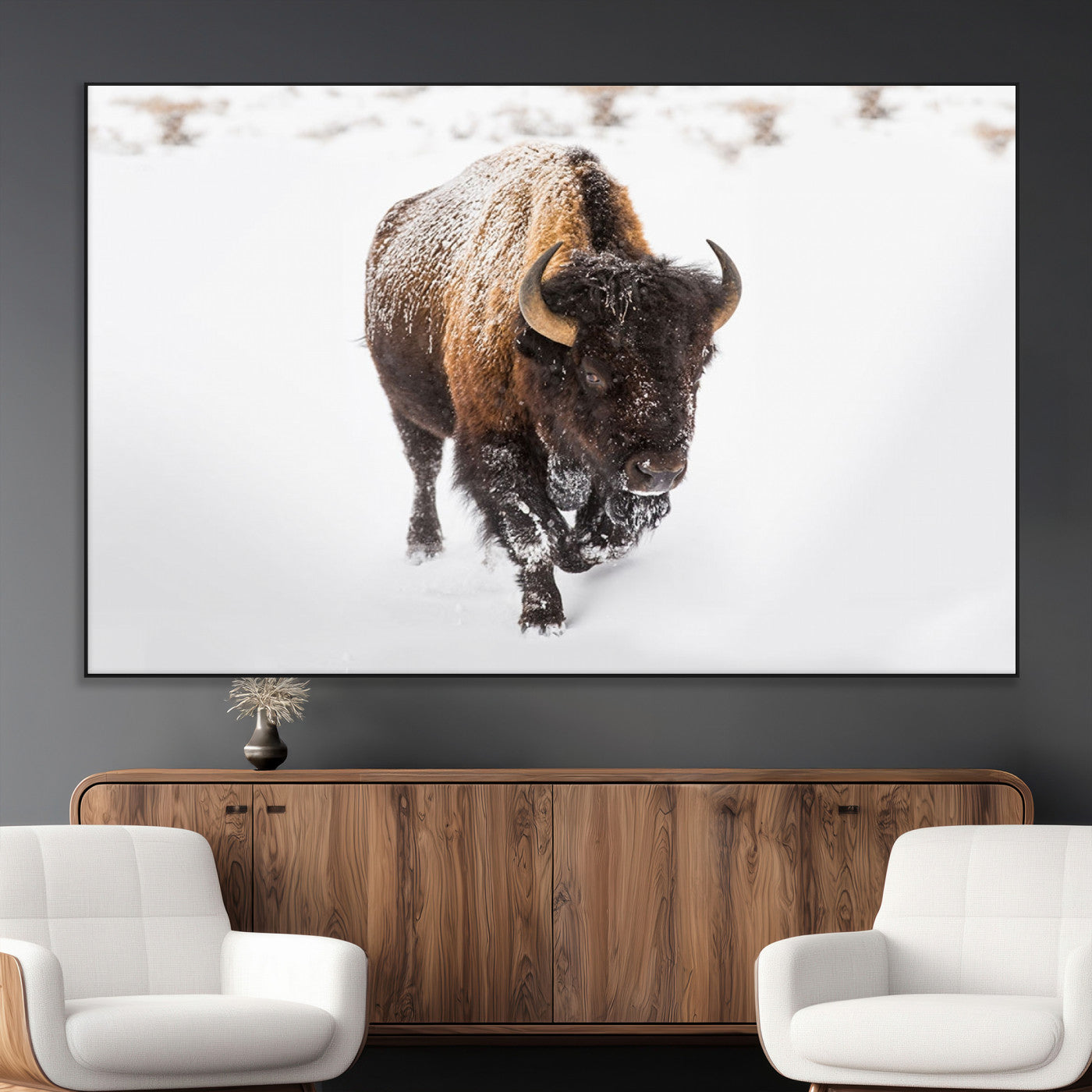 19889-MGV-CV-36X24-Snow Bison Wall Art – Majestic Buffalo Winter Landscape Canvas Print, Rustic Wildlife Photography Decor for Cabin, Lodge, Living