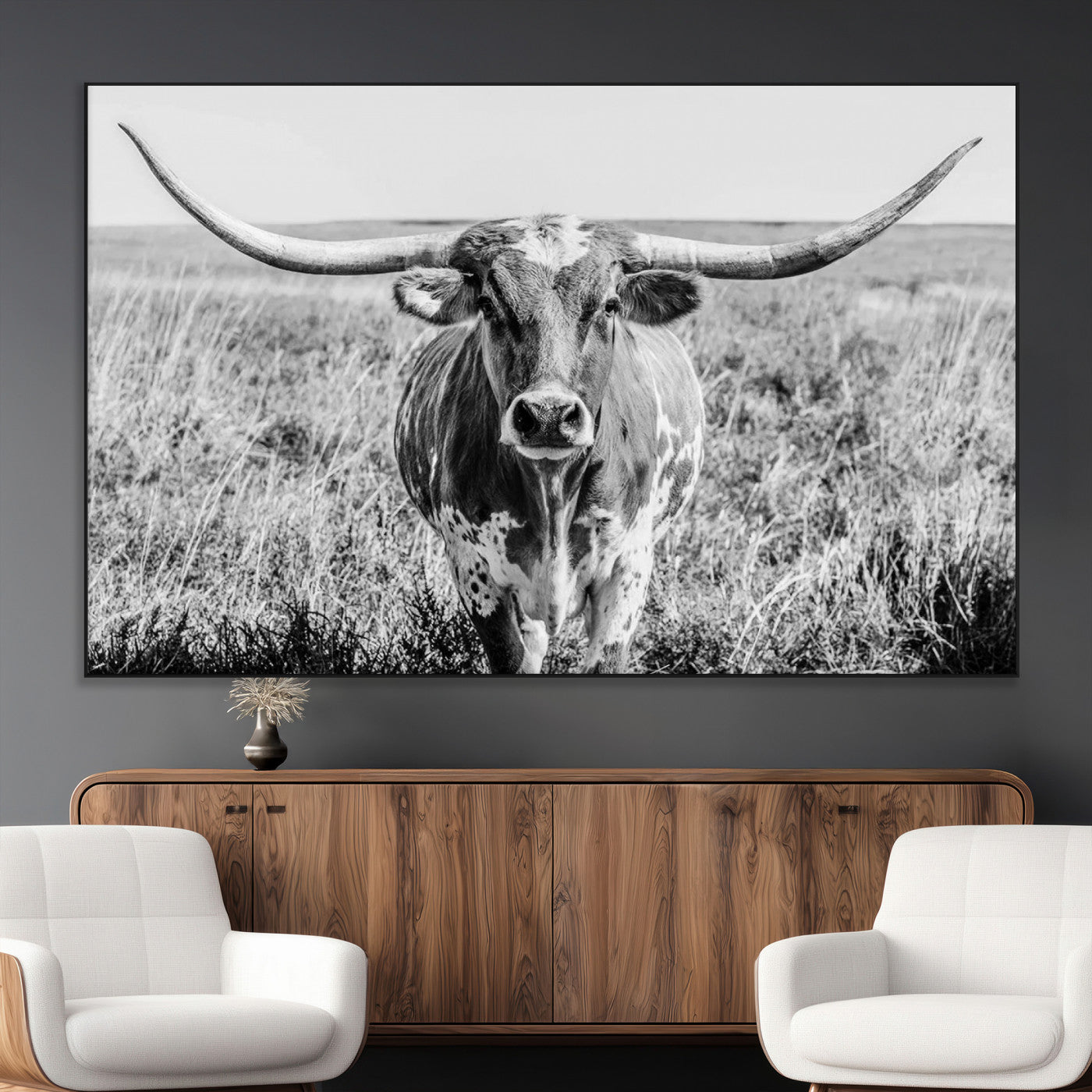 77320-MGV-CV-36X24-Texas Longhorn Wall Art – Black and White Western Cattle Canvas Print, Rustic Farmhouse Animal Photography Decor for Living Room,