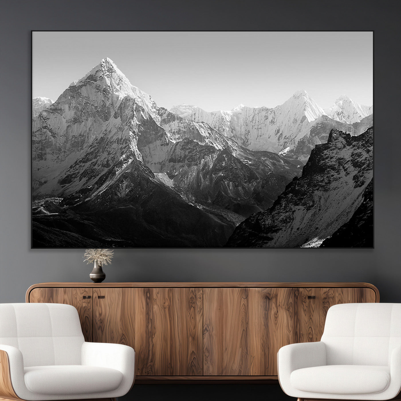 10775-MGV-CV-36X24-Snow Capped Mountain Wall Art – Black and White Canvas Print of Majestic Peaks, Nature Landscape Photography for Office, Bedroom,