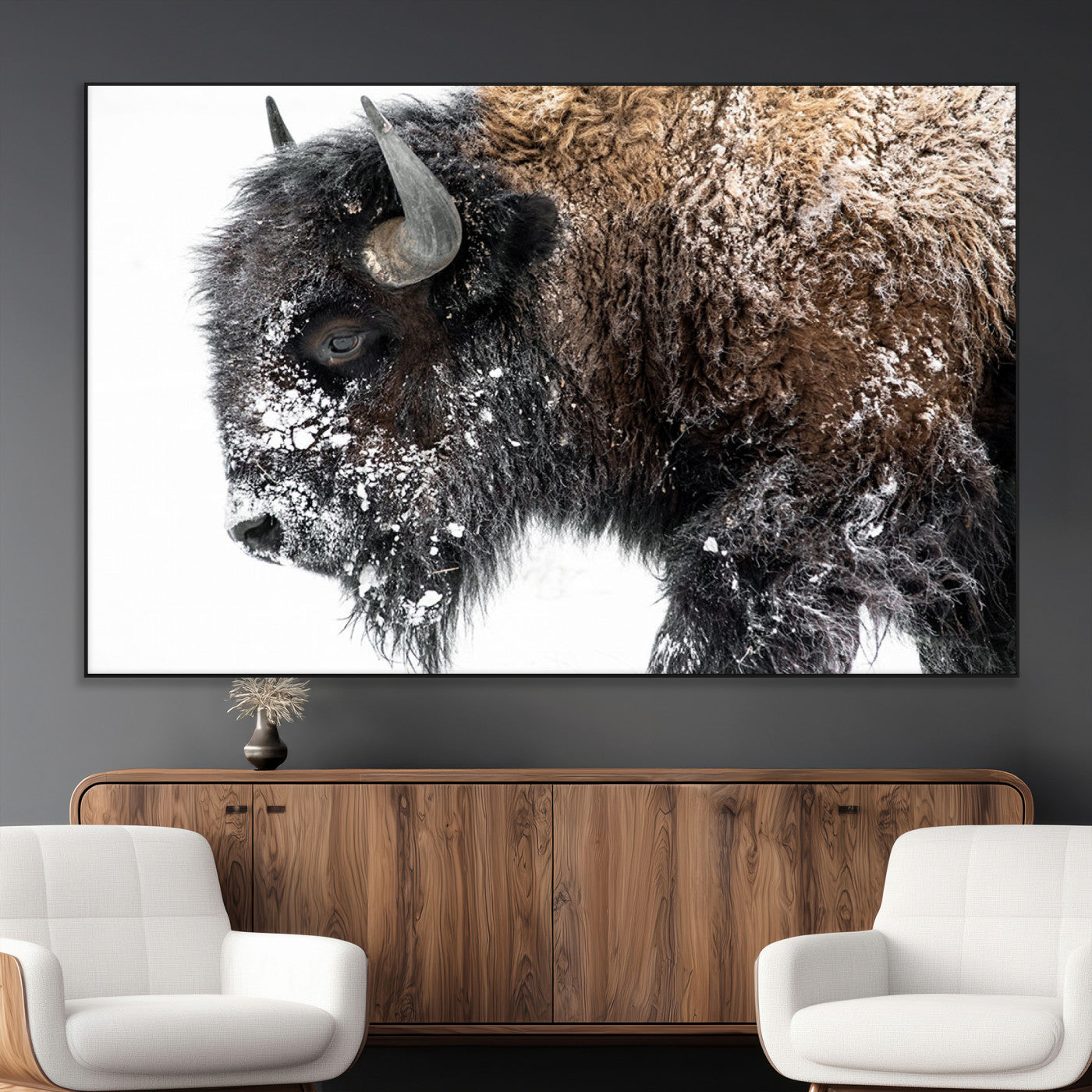 24304-MGV-CV-36X24-Bison Wall Art Canvas Print, Framed Winter Bison Art Picture Print, Snowy Buffalo Perfect Rustic Farmhouse Decor Artwork