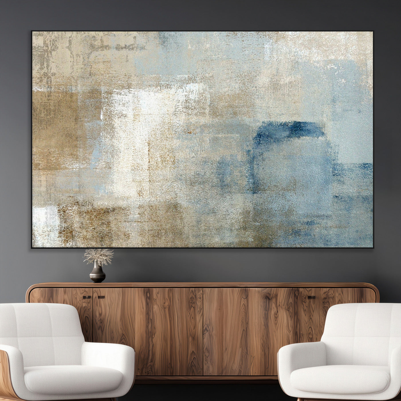 38126-MGV-CV-36X24-Neutral Abstract Wall Art – Modern Beige and Blue Canvas Print and Minimalist Textured Painting for Living Room, Bedroom or Office