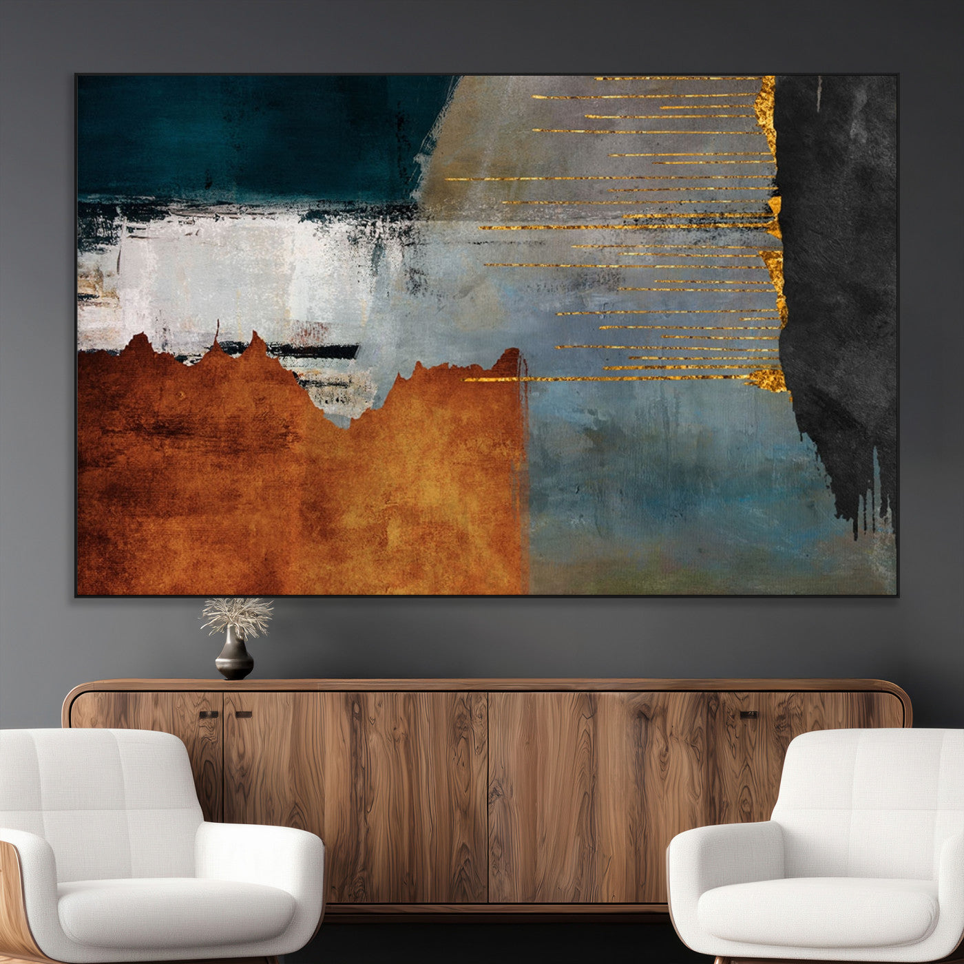35026-MGV-CV-36X24-Abstract Canvas Wall Art – Modern Teal, Rust, Black and Gold Textured Painting, Contemporary Decor for Living Room, Bedroom or