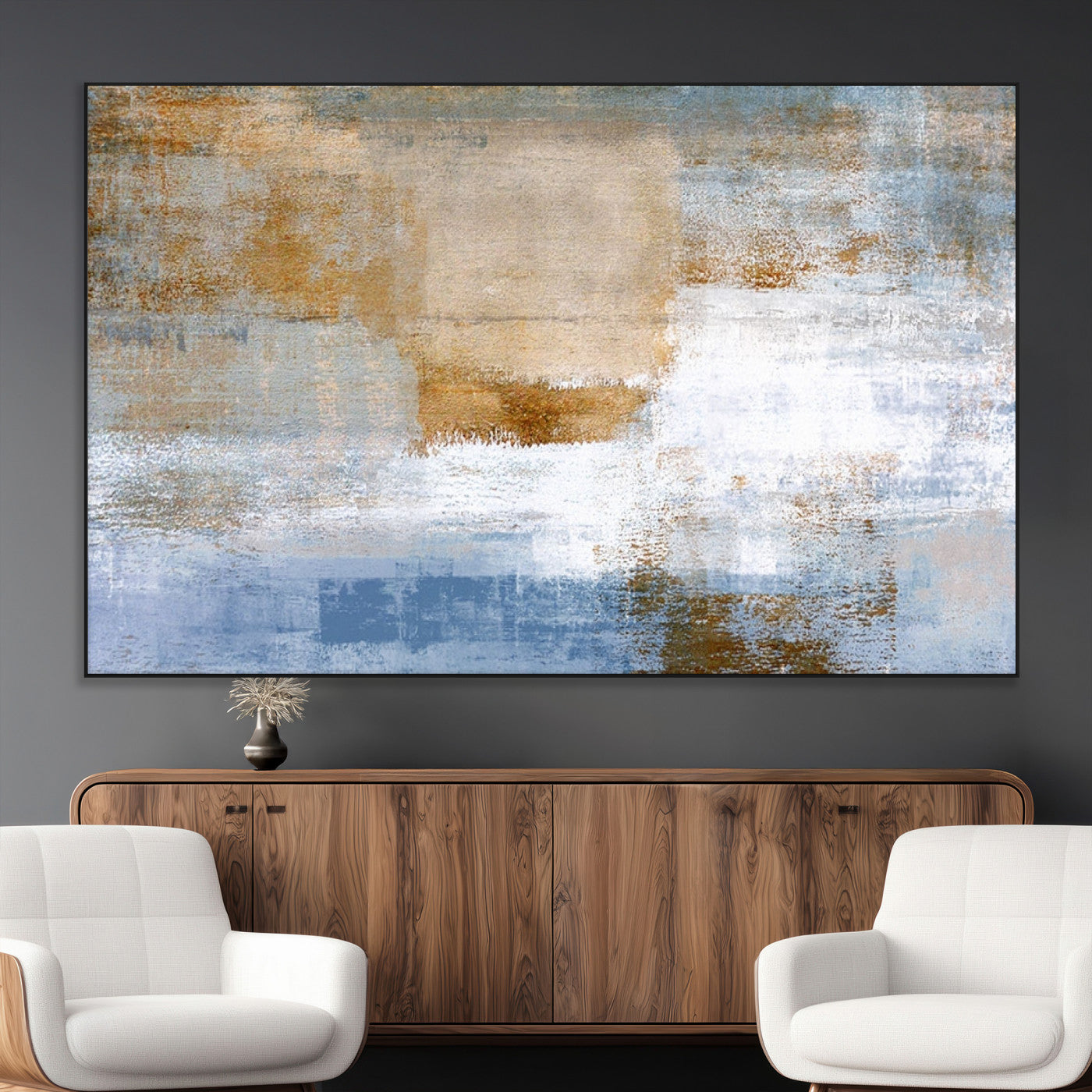 72354-MGV-CV-36X24-Blue and Gold Abstract Wall Art – Modern Minimalist Canvas Print, Textured Contemporary Painting for Living Room, Bedroom, or