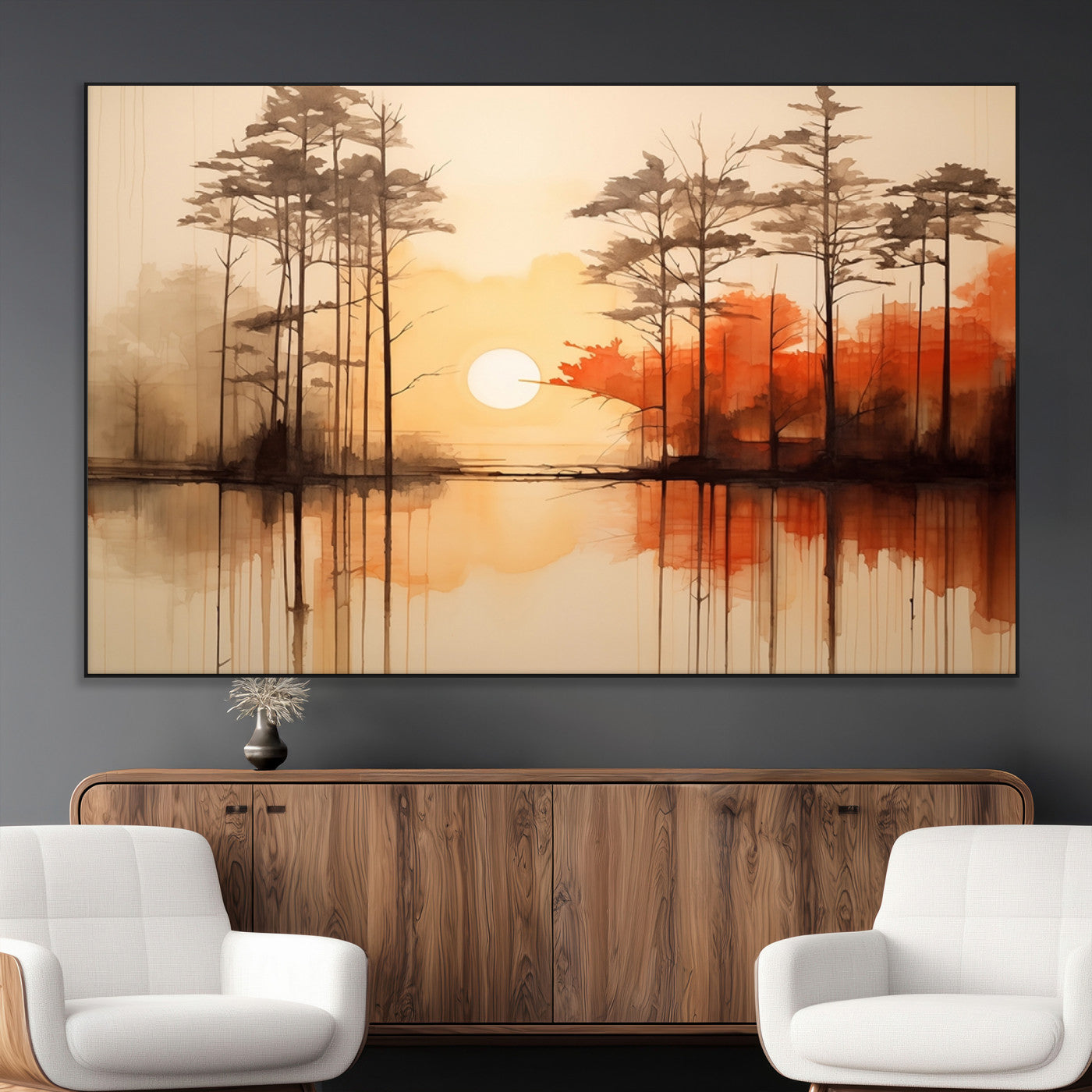51083-MGV-CV-36X24-Sunset Lake Forest Wall Art – Serene Trees and Orange Sky Reflection Canvas Print, Tranquil Nature Decor for Living Room, Office
