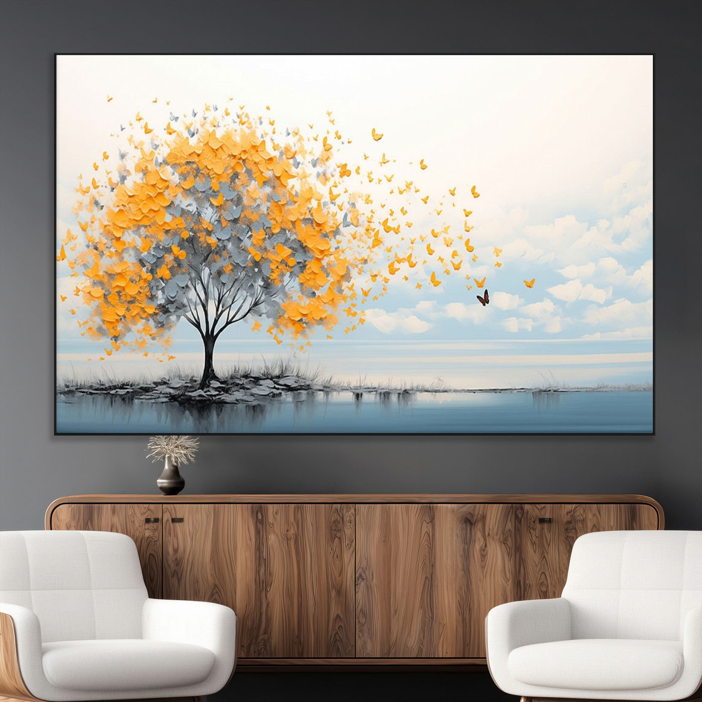 23385-MGV-CV-36X24-Golden Butterfly Tree Wall Art – Abstract Yellow and Gray Canvas Print, Modern Nature Artwork for Living Room, Bedroom or Office