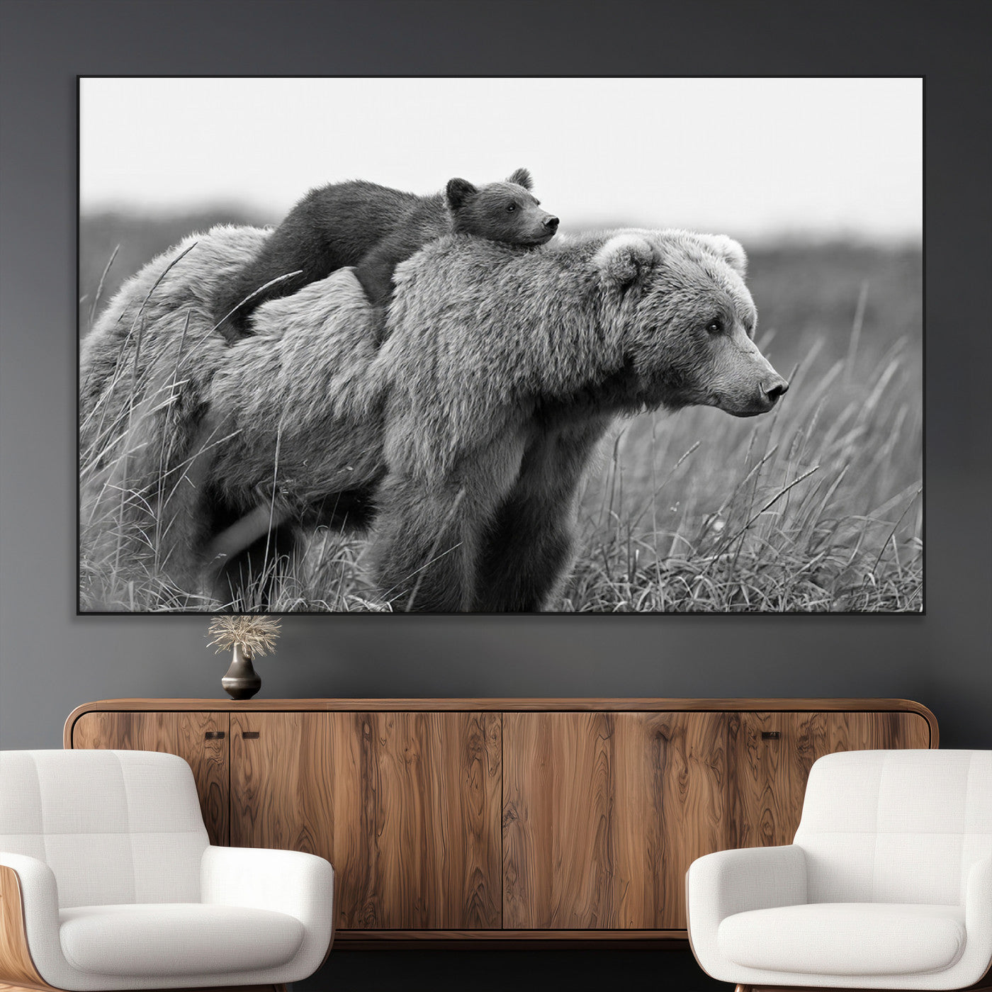 76338-MGV-CV-36X24-Mother Bear and Cub Wall Art – Black and White Wildlife Canvas Print, Rustic Nature Photography for Cabin, Living Room or Office