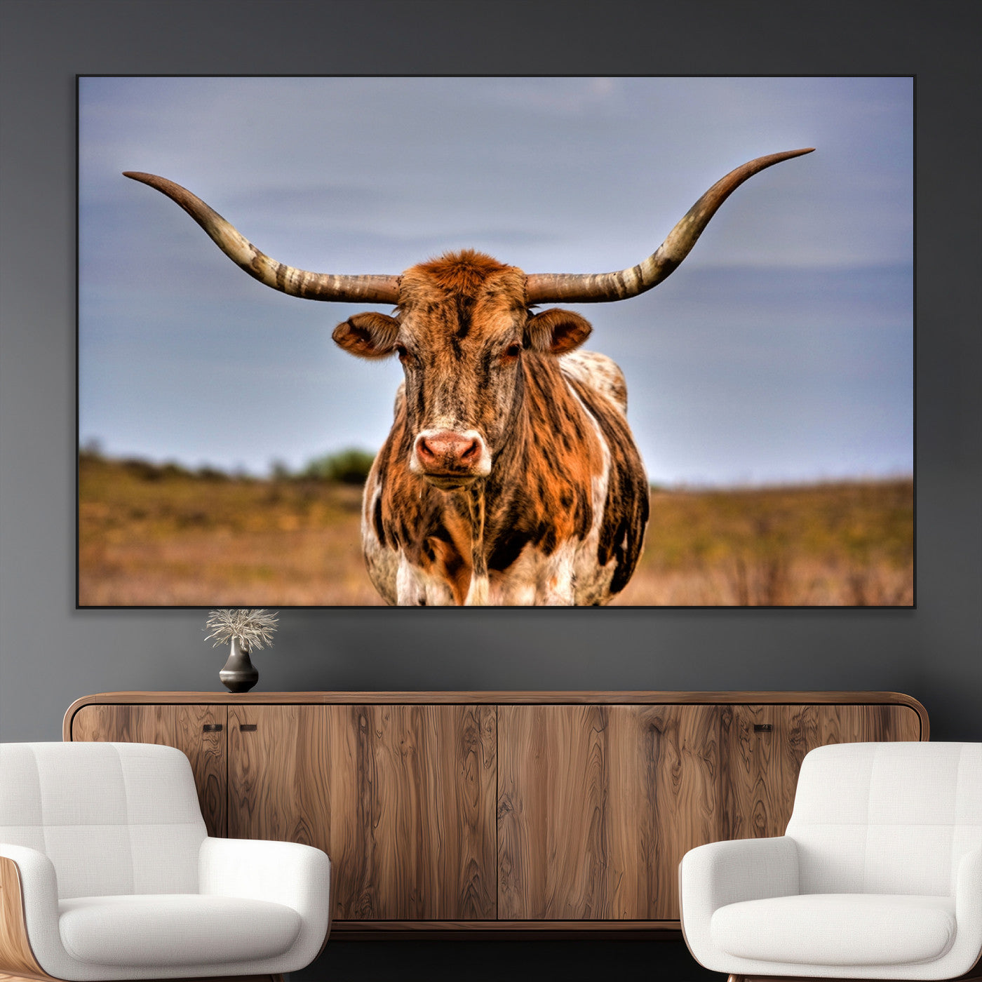 18594-MGV-CV-36X24-Texas Longhorn Bull Wall Art – Rustic Western Cattle Canvas Print, Country Farmhouse Decor for Living Room, Office or Cabin