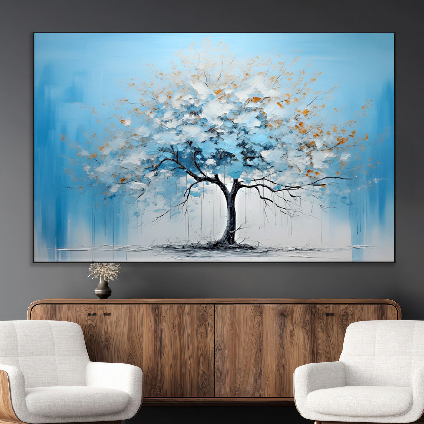 25021-MGV-CV-36X24-Abstract Tree Wall Art – Blue and White Canvas Painting with Gold Accents, Modern Nature-Inspired Artwork for Living Room, Bedroom