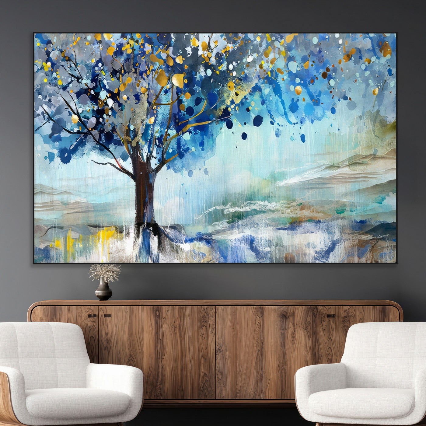 17018-SEG-FC-51X34_Oversize_Oversize-Abstract Blue Tree Wall Art – Colorful Canvas Painting with Gold and Silver Accents, Modern Nature Artwork for Living Room,