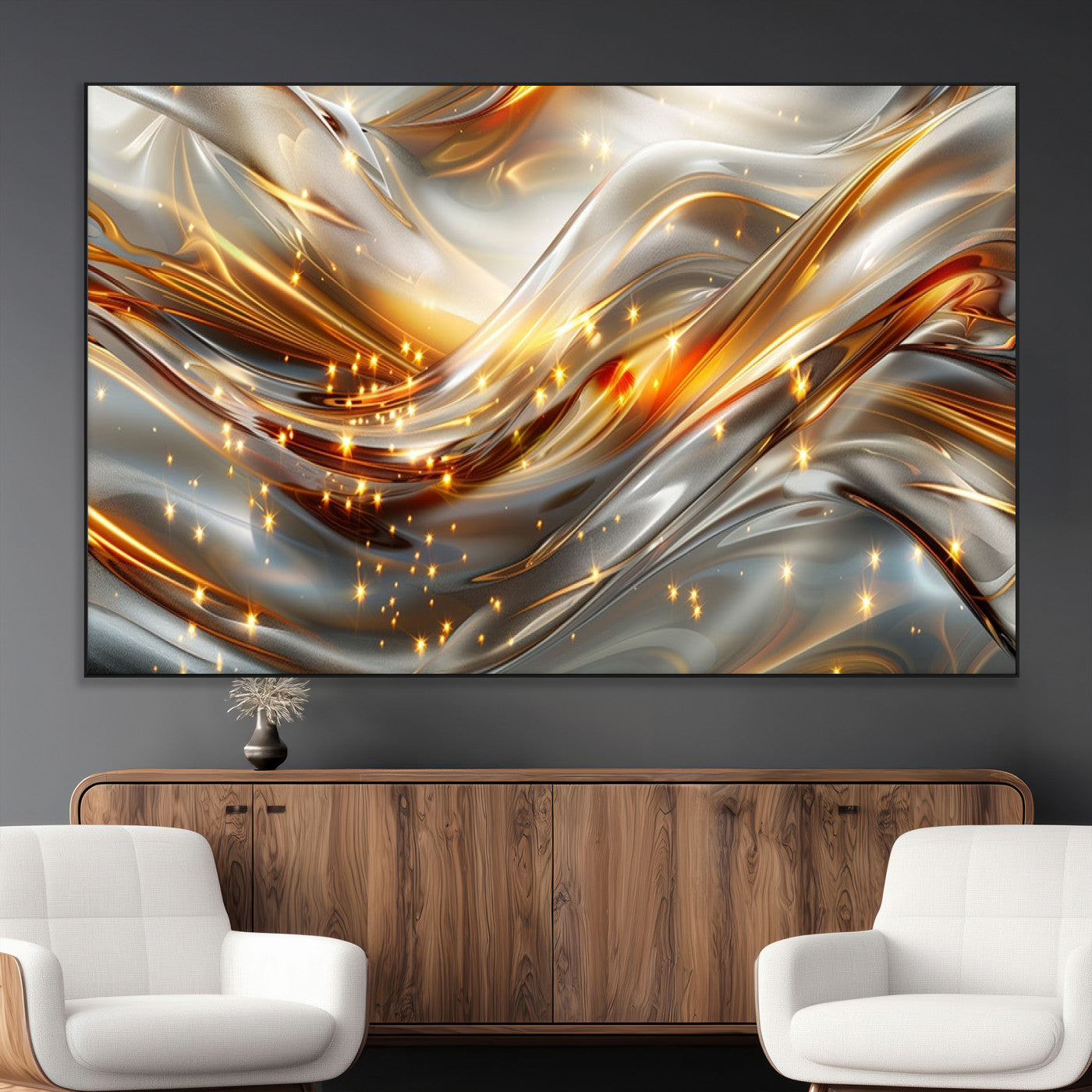 Lines1-SEG-FC-51X34_Oversize_Oversize-Abstract Metallic Wall Art – Silver and Gold Wave Canvas Print with Sparkling Accents, Modern Luxury Decor for Living Room, Office
