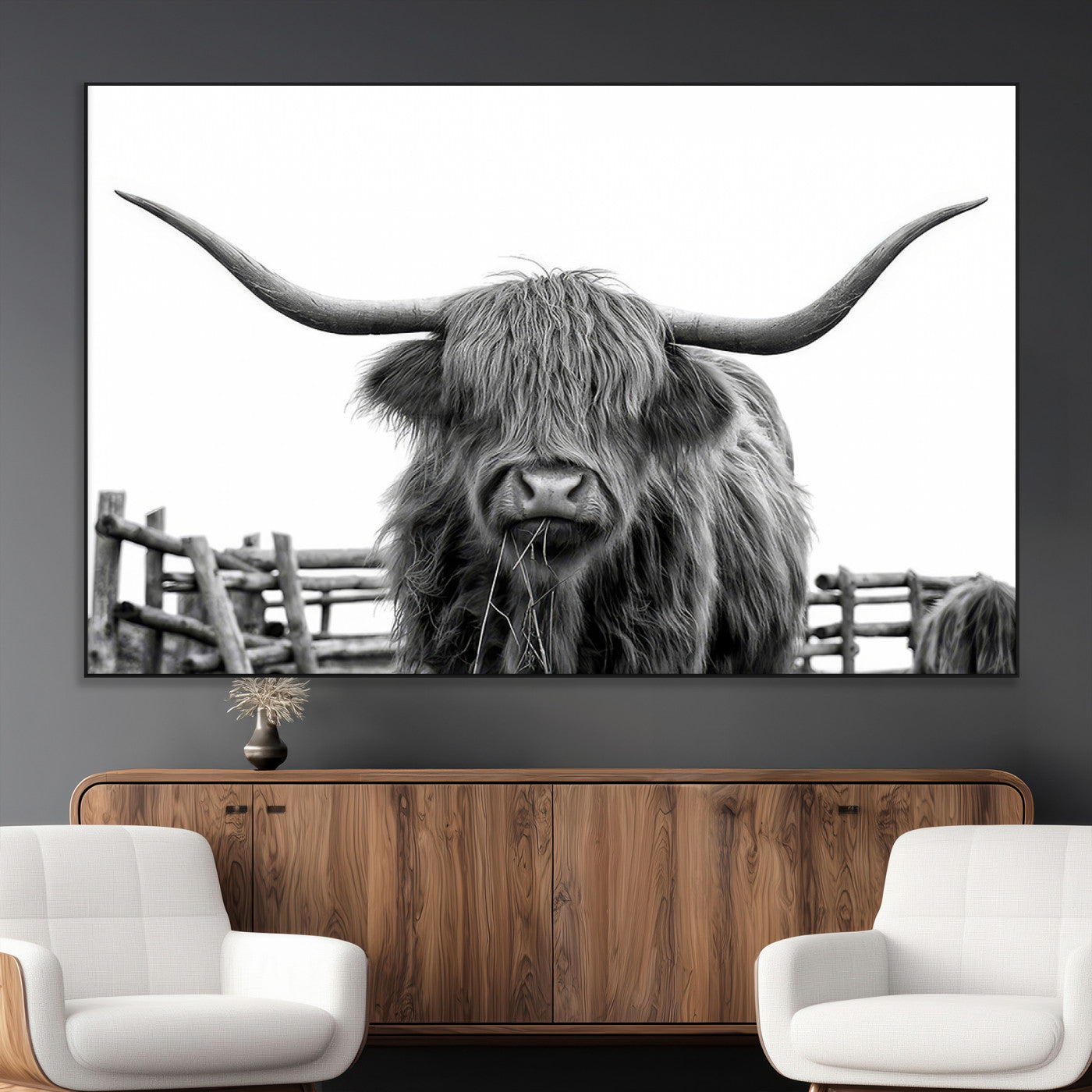 58188-MGV-CV-36X24-Highland Cow Wall Art – Black and White Rustic Farmhouse Canvas Print, Longhorn Cattle Photography Decor for Living Room or