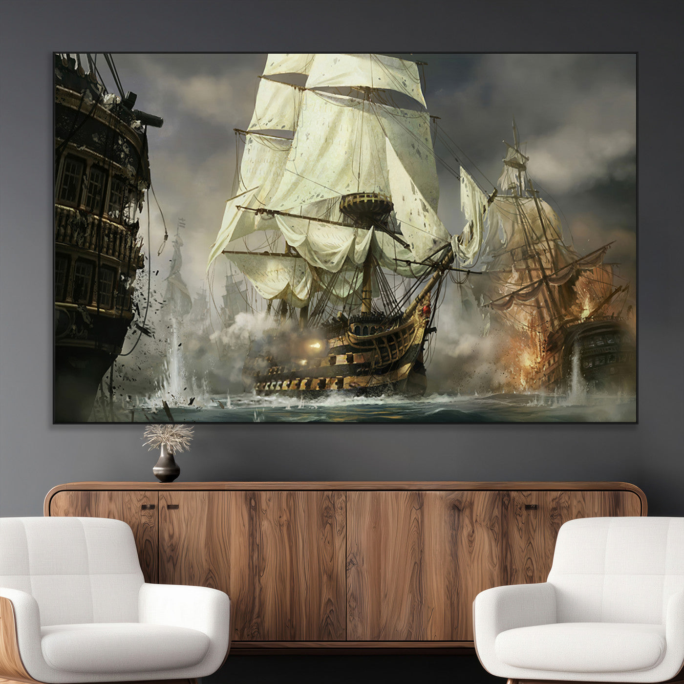 26512-MGV-CV-36X24-Naval Battle Wall Art – Dramatic Tall Ship Canvas Print, Historic Pirate Sailing War Scene, Nautical Decor for Office, Study or