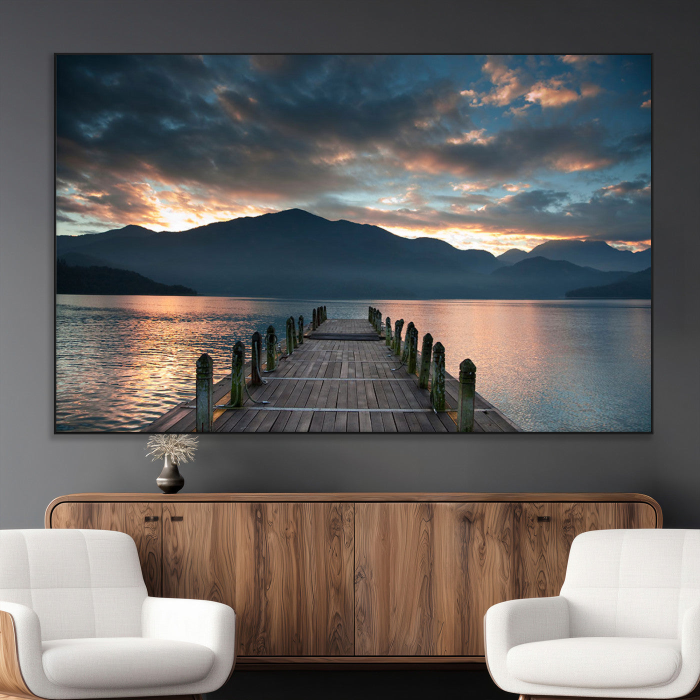 20442-MGV-CV-36X24-Lakeside Sunset Dock Wall Art – Peaceful Mountain Lake Canvas Print, Serene Nature Landscape Decor for Living Room, Bedroom or